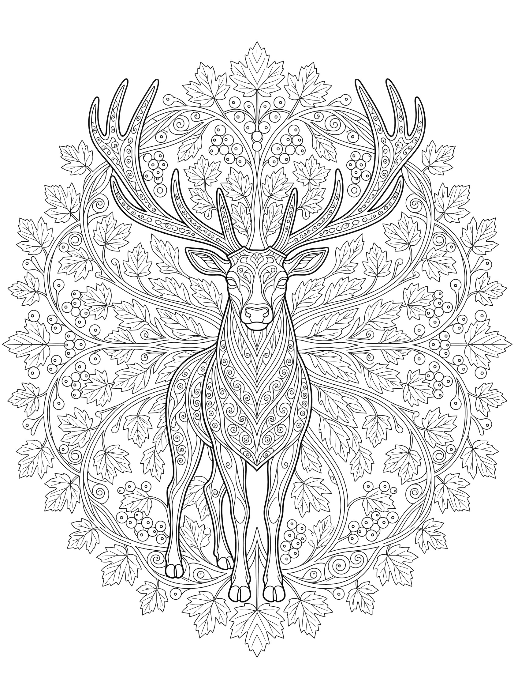 Black and white coloring page of a symmetrical deer with detailed leafy antlers in a mandala pattern with leaves, berries, and vines. Elk themed black and white printable line art
