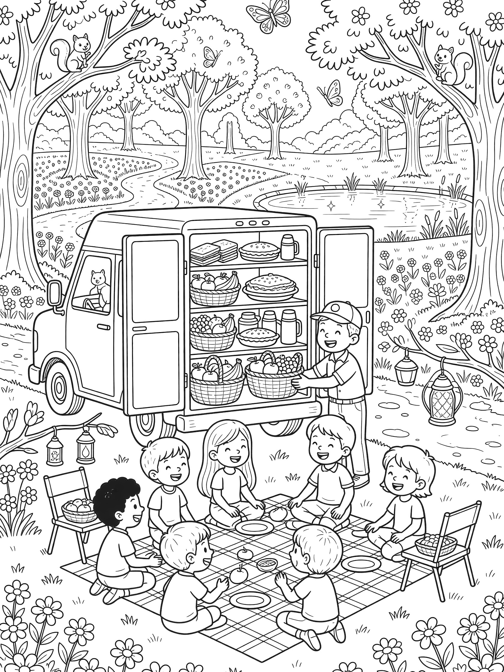 Black-and-white coloring page of a delivery truck with open doors showing food baskets, a driver handing items to smiling kids sitting on a picnic blanket in a park with trees, path, pond, flowers, and butterflies.
