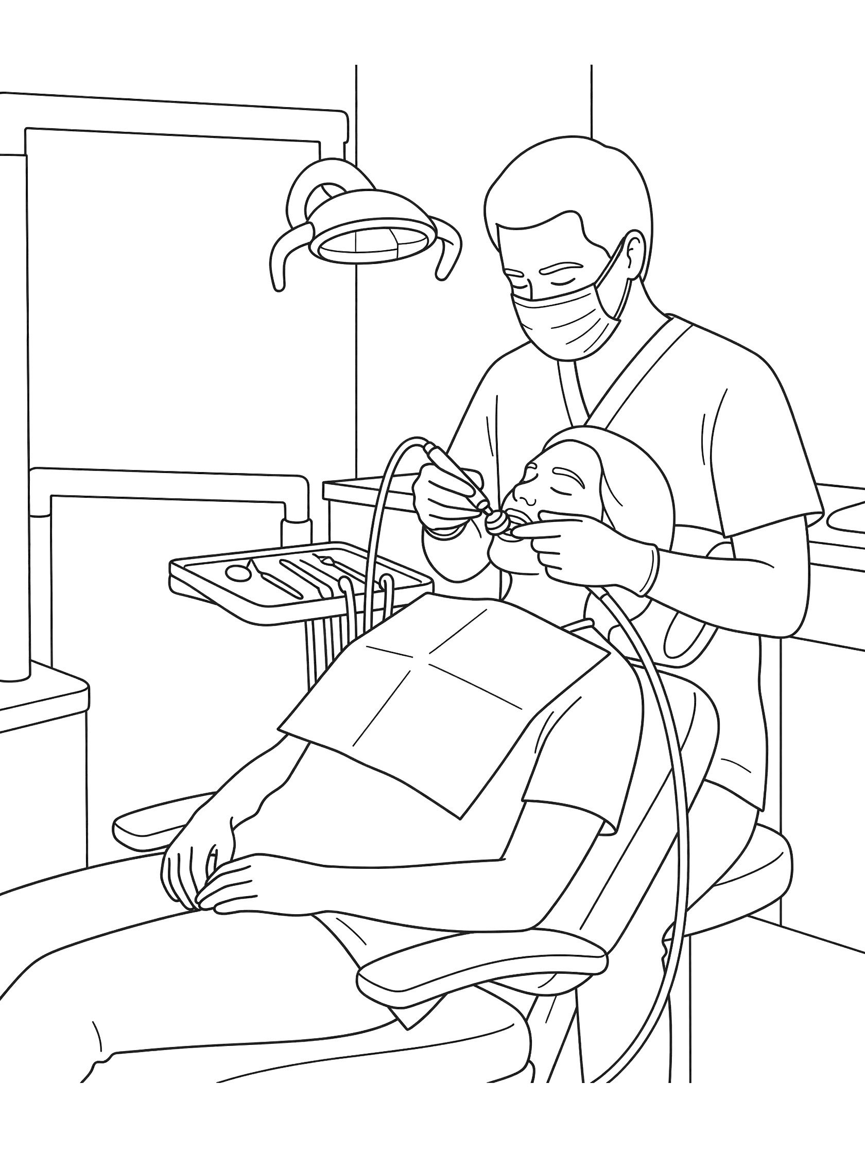 Black and white line art coloring page showing a dentist in mask and gloves using a tool to polish teeth of a patient in a reclined dental chair with suction tube and bib.