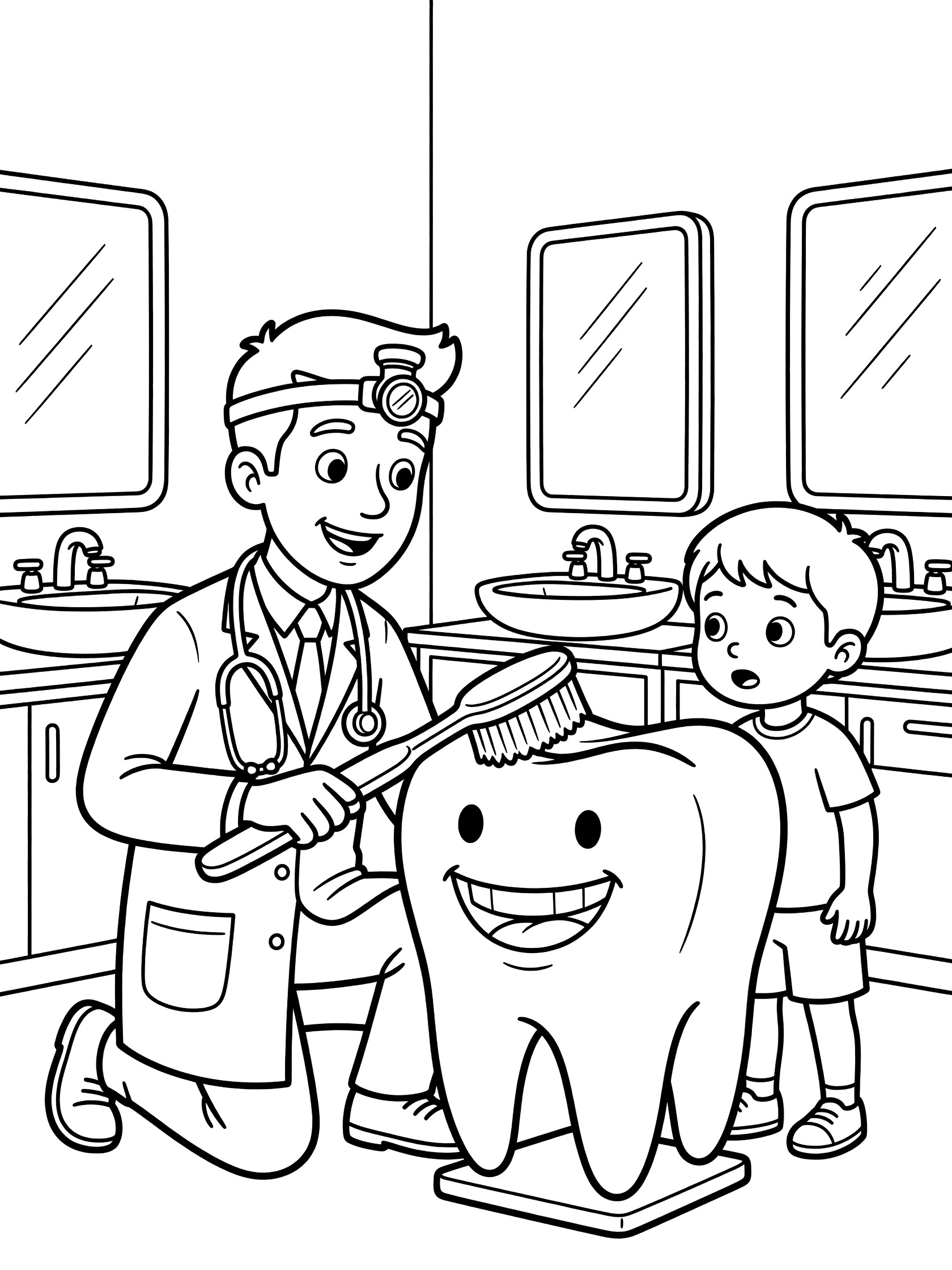 Black and white line art of a dentist helping a child brush a giant smiling tooth with an oversized toothbrush in a cheerful exam room.