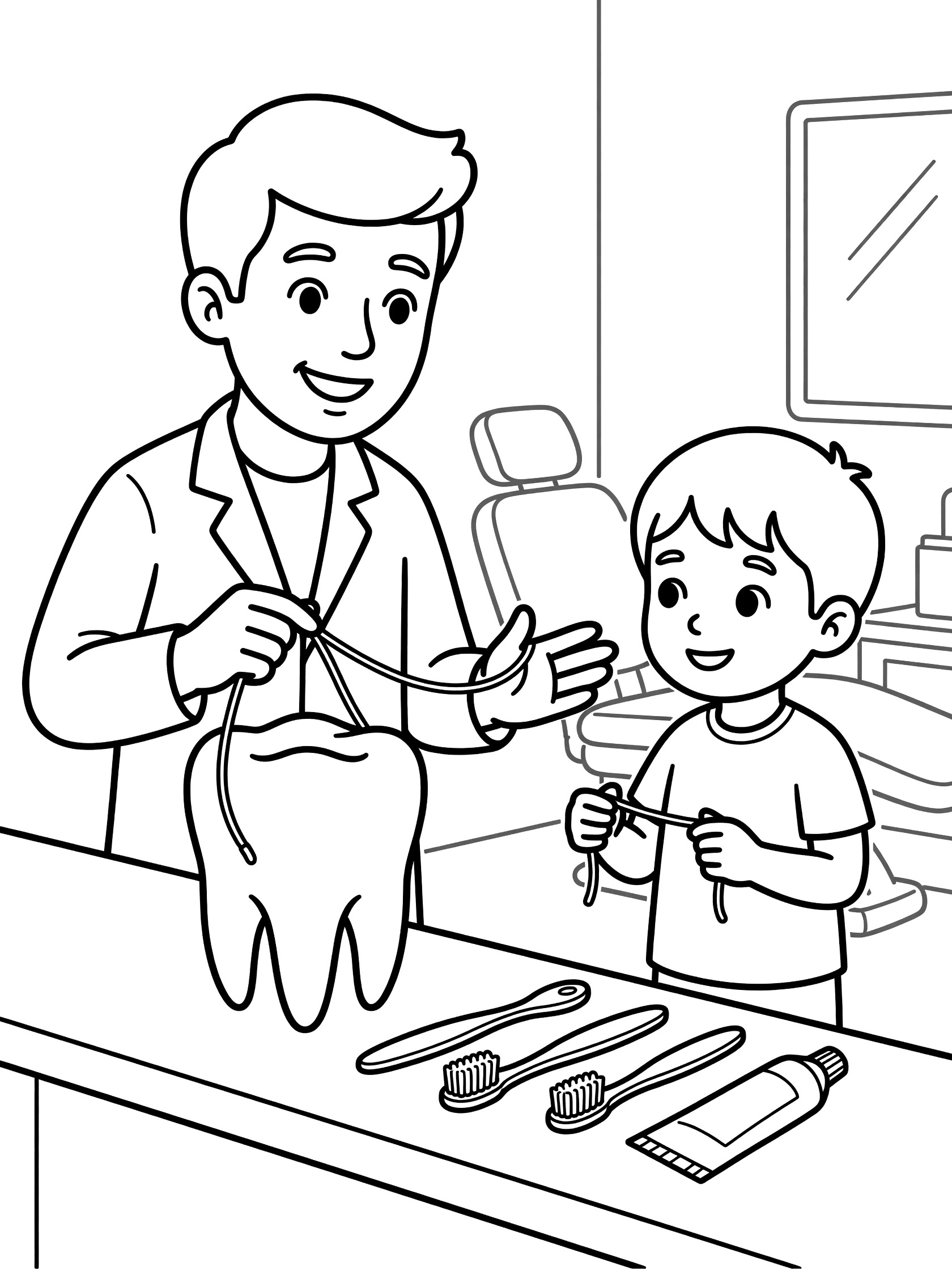 Black and white line art of a dentist teaching flossing to a child with a large model tooth, toothbrushes, and paste on the counter