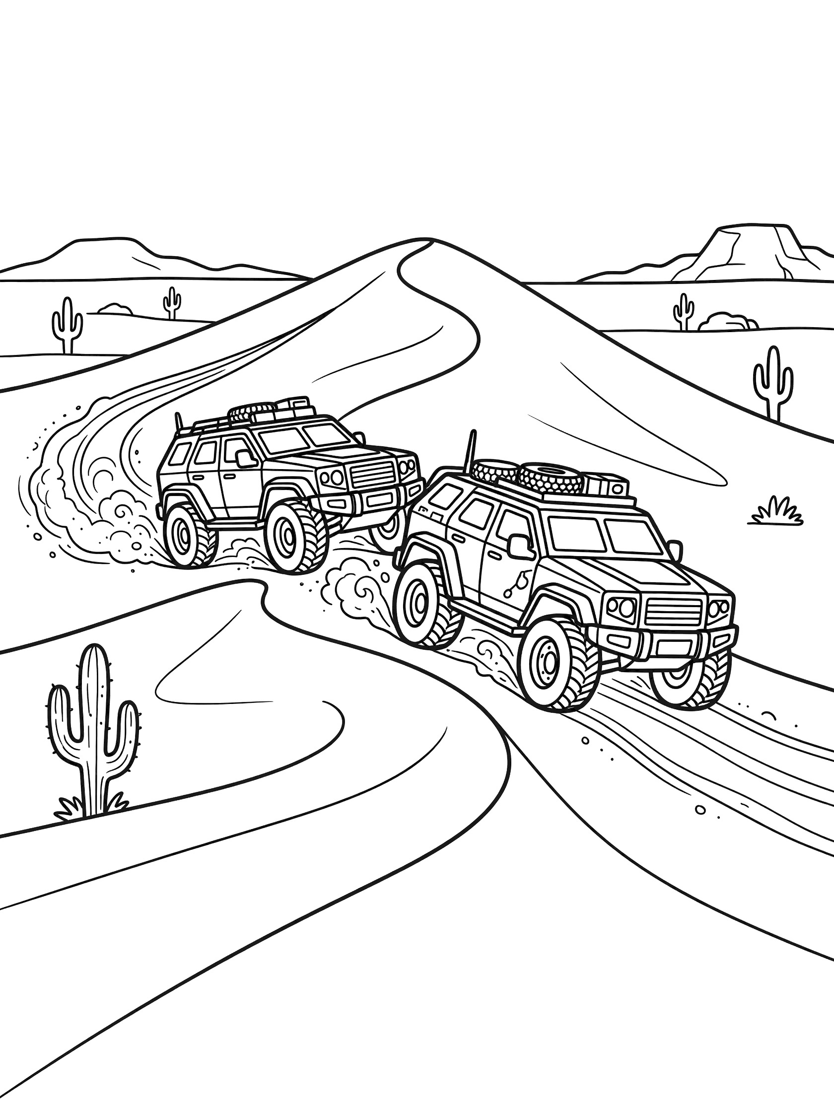 Black and white coloring page of two armored cars on a desert adventure, climbing a curving sand dune with swirling sand trails, knobby tires, cacti, and rocky hills.