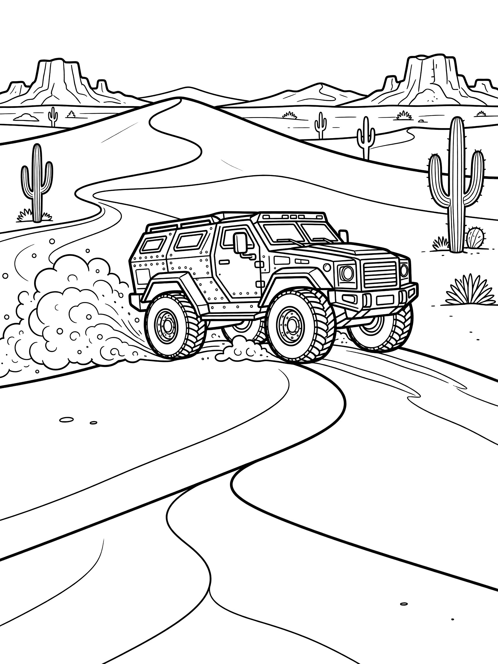 Black and white line art coloring page showing an armored truck driving fast on a curvy desert path over tall sand dunes, with large tires spraying sand, saguaro cacti, bushes, and rocky mountains on the horizon.