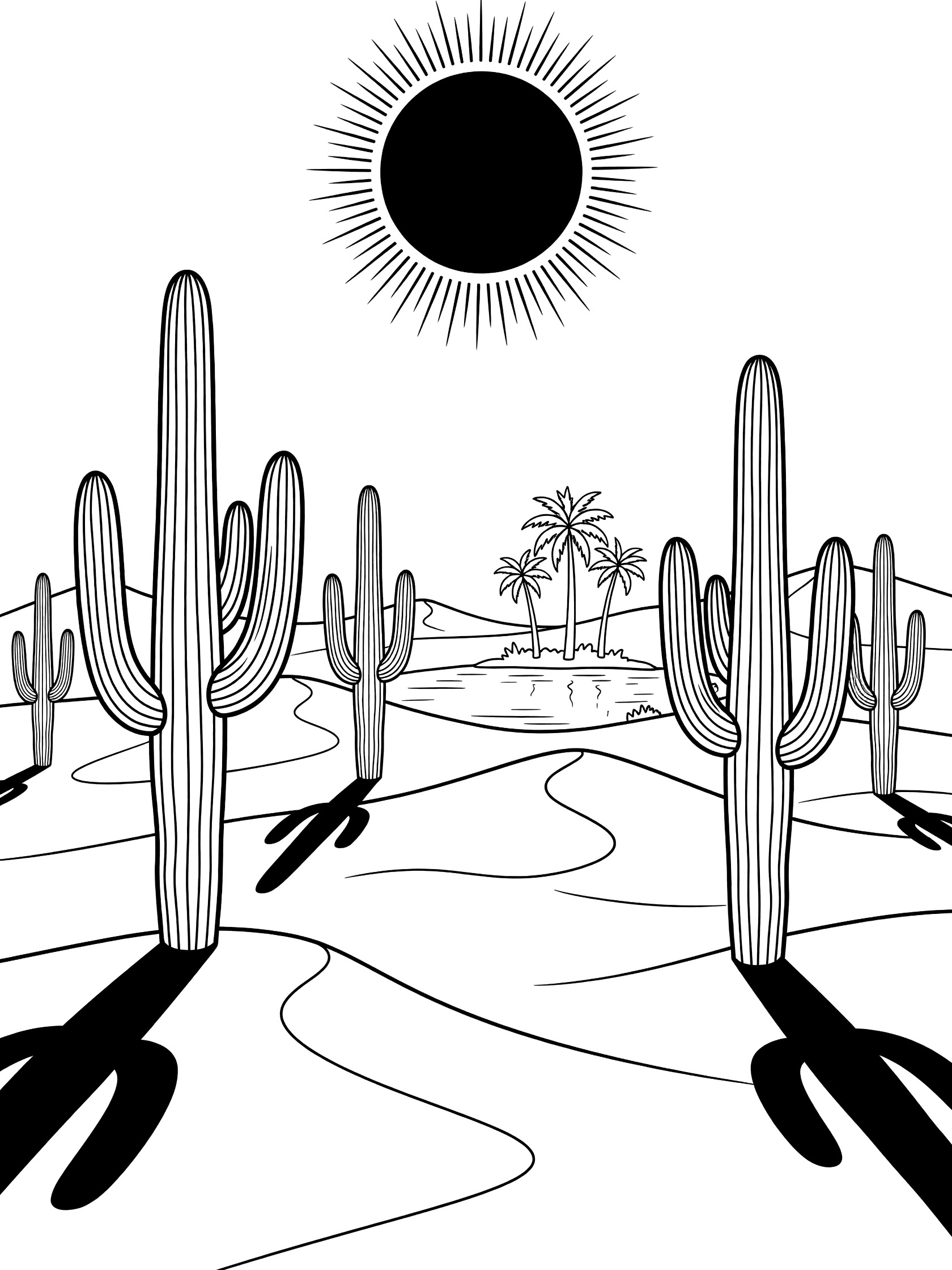 Black and white line art coloring page of a desert with tall saguaro cacti, wavy sand dunes, central solar eclipse with black circle and rays, distant palm trees and water oasis, long shadows on the ground.