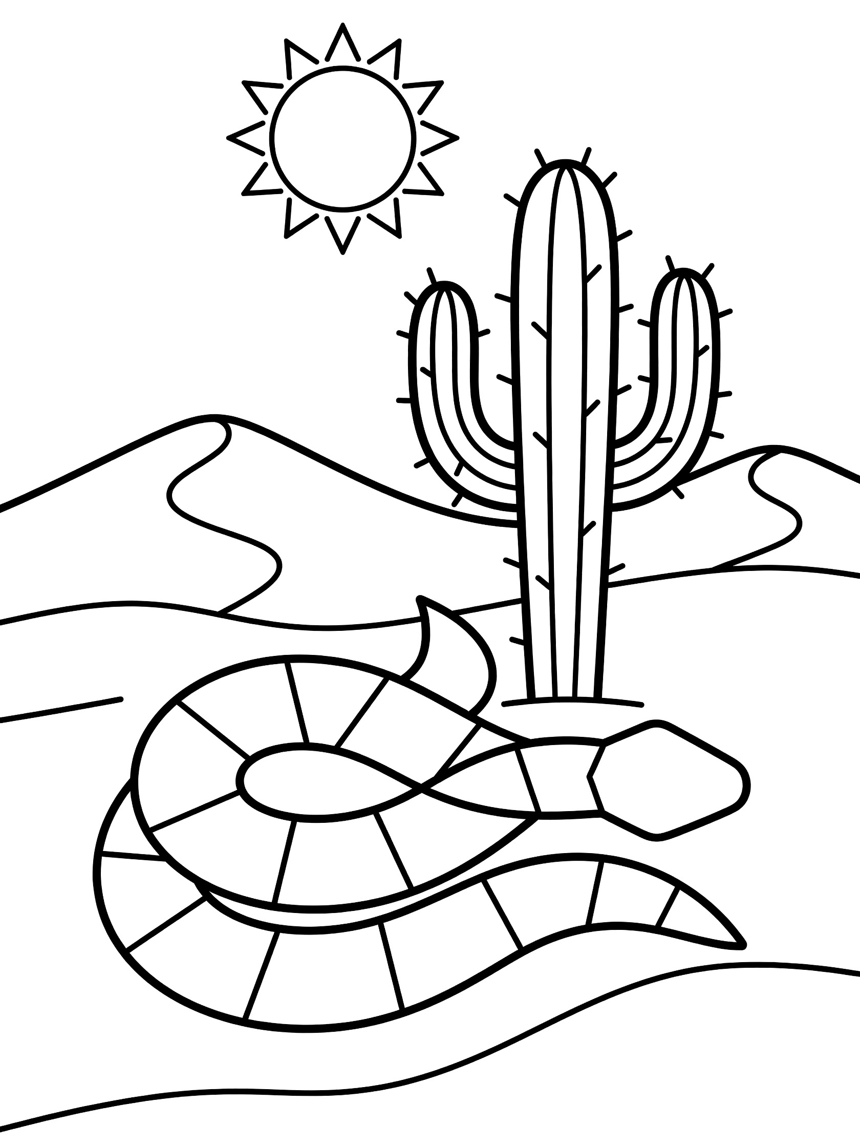 Printable coloring page showing a geometric rattlesnake coiled next to a tall spiky cactus, with a sun above sandy desert dunes, all in clean black line art.