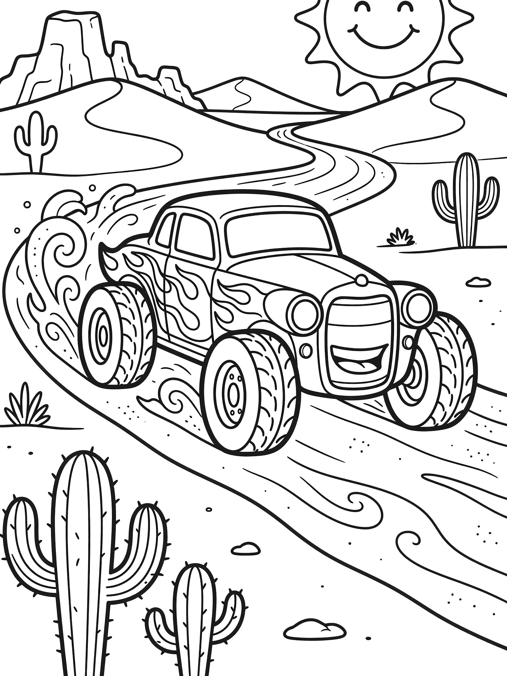 Line art coloring page showing a grinning desert hot rod with flame designs, big knobby tires, kicking up sand on a trail through cartoon cacti and dunes under a happy sun.