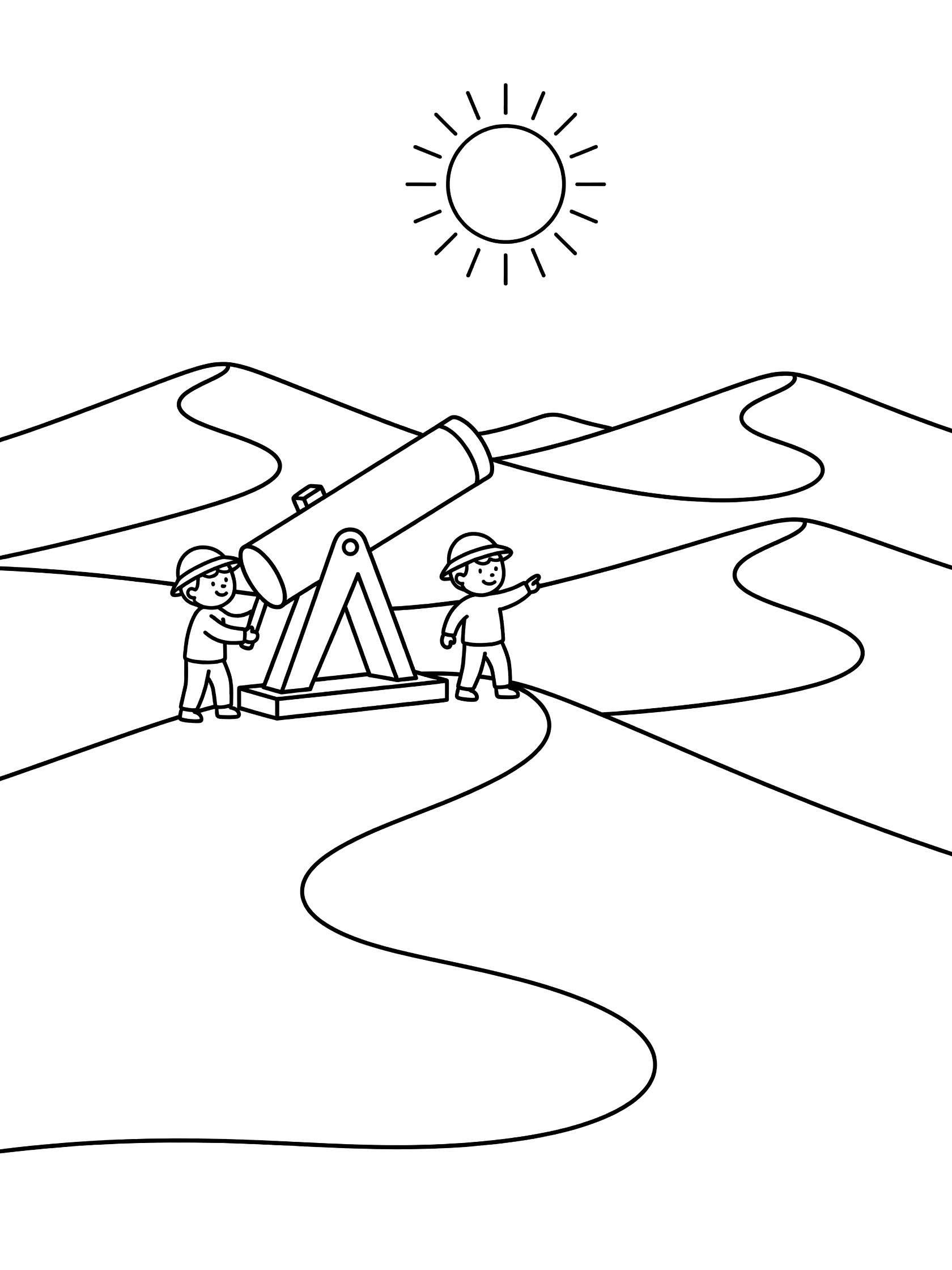 Line art coloring page showing a mortar artillery piece on a large desert dune, two friendly soldiers adjusting it, distant dunes, and a sun in the sky