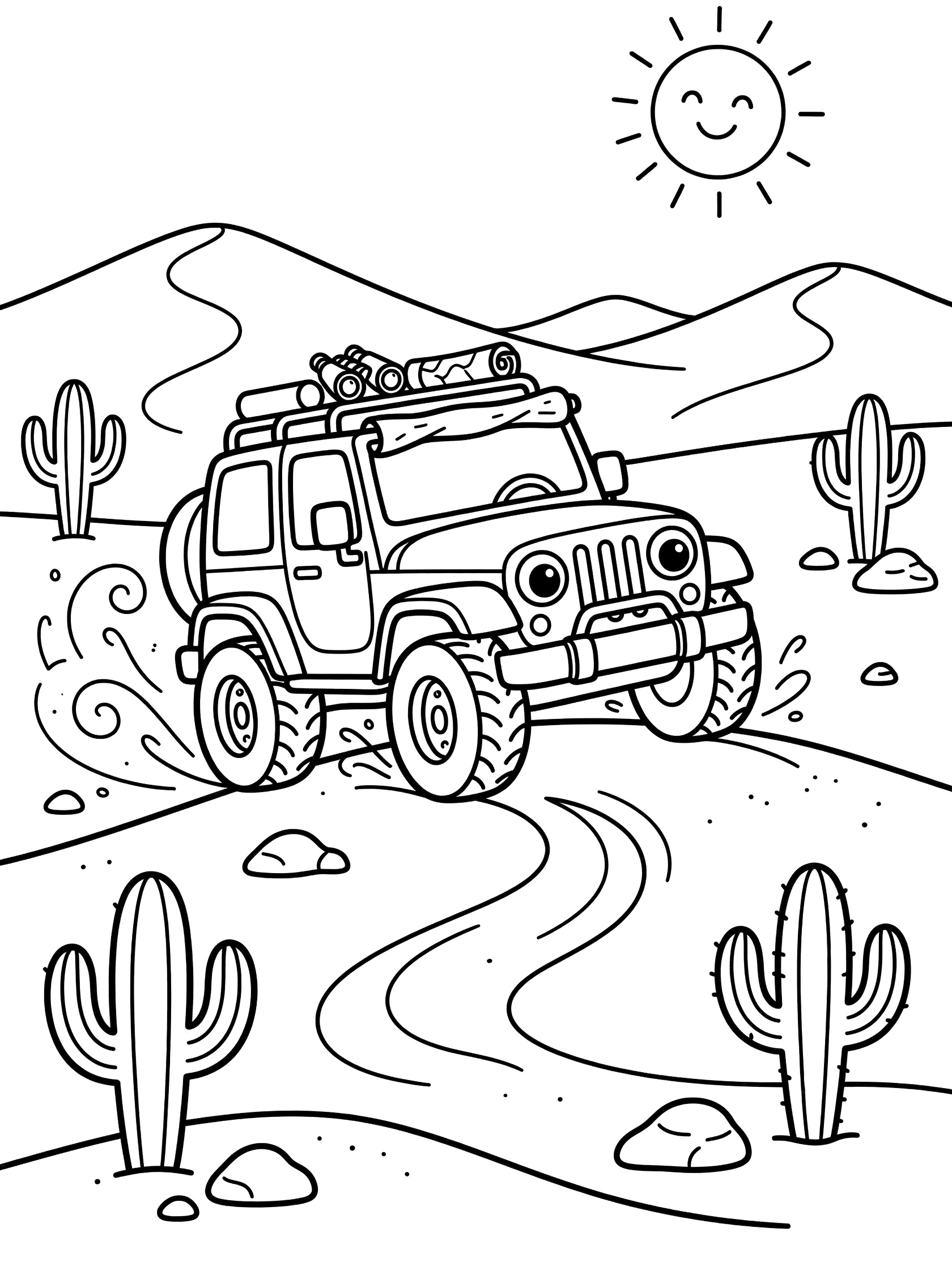 Cute line art coloring page showing a Jeep with round headlights like eyes, driving on a desert path with sand swirls, cacti, rocks, dunes, and smiling sun.