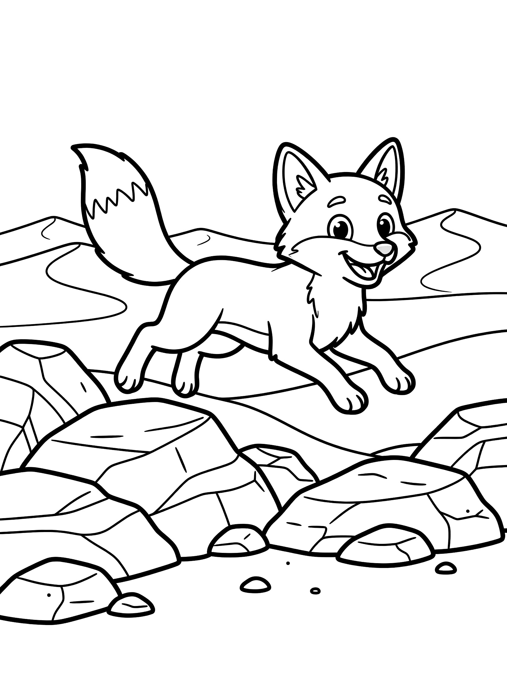 Cartoon desert fox jumping mid-air over rocks amid sand dunes in the Gobi Desert, black-and-white coloring page.