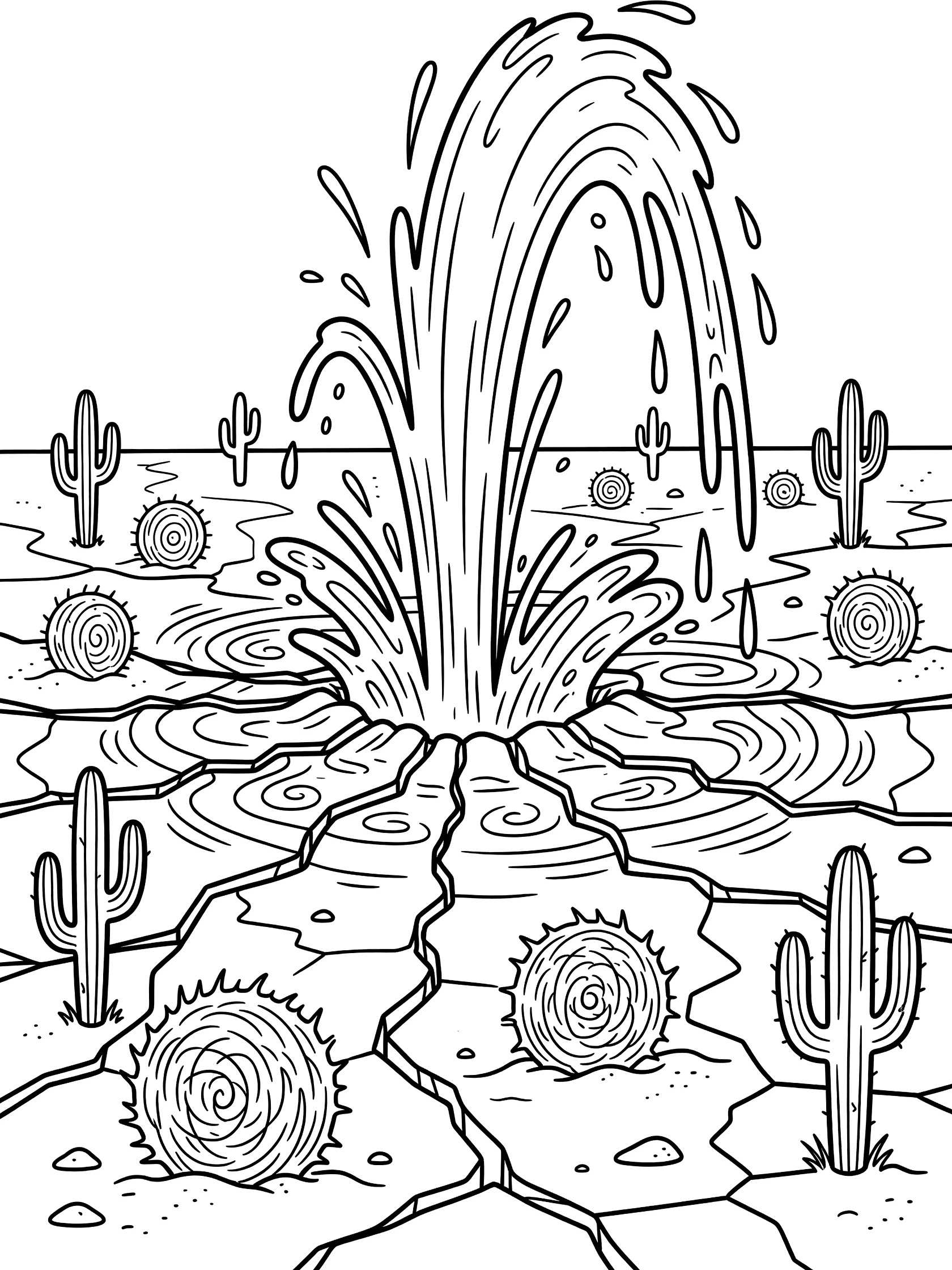 Black and white line art coloring page showing a tall geyser spraying water from cracked desert ground surrounded by tall cacti and round tumbleweeds.