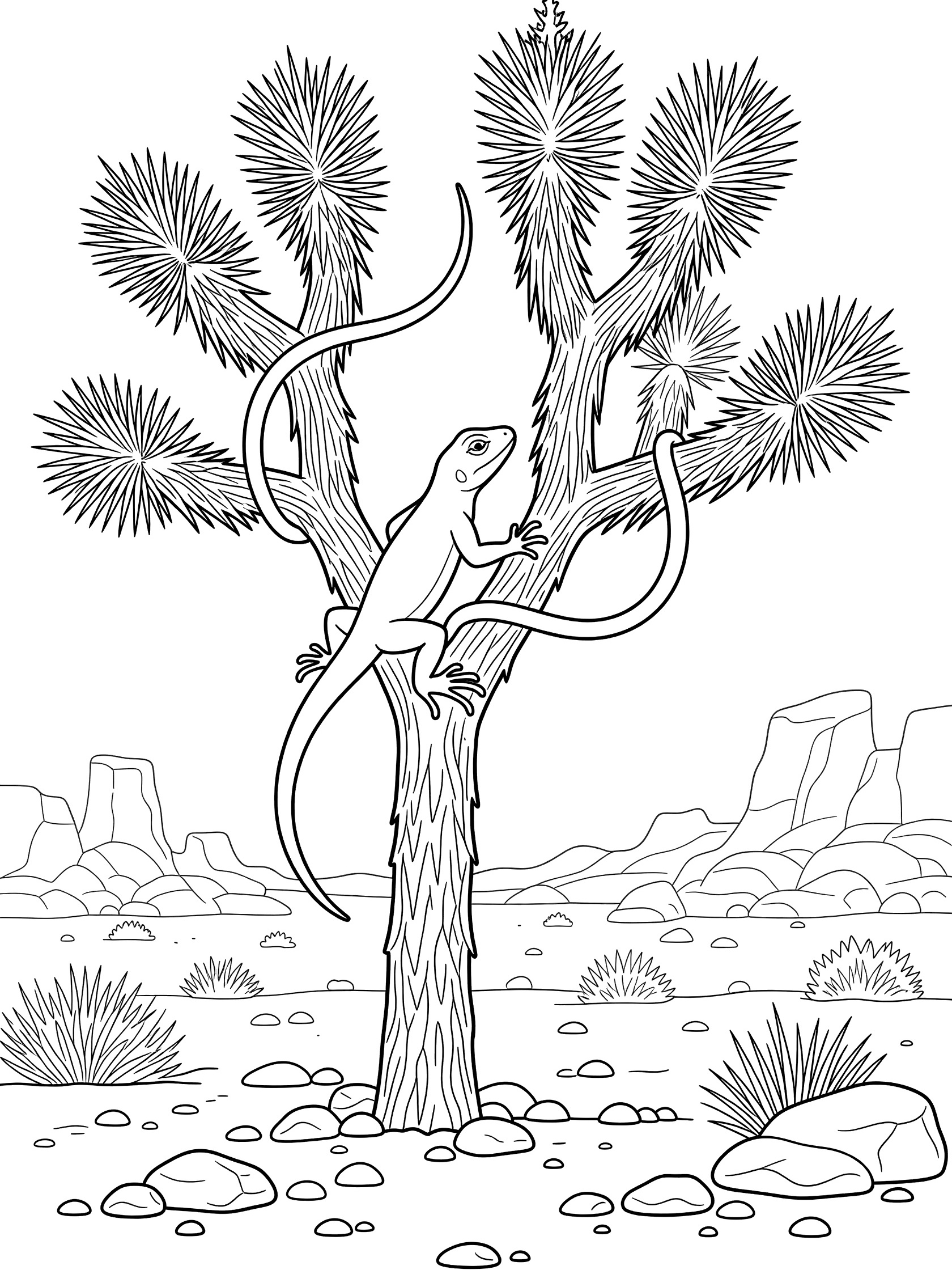 Line art coloring page showing a lizard scampering up the rough trunk of a Joshua tree with curvy tail, spiny branches, ground pebbles, and desert rocks on white background.