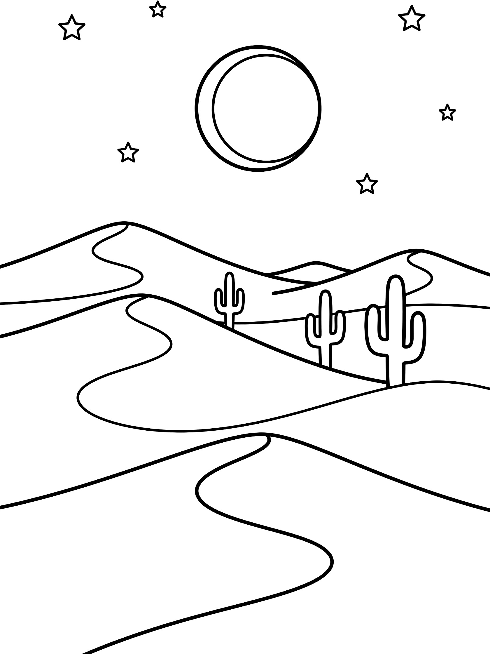 Black and white line art coloring page showing desert sand dunes, saguaro cacti, large crescent moon low in the sky, and scattered stars. Lunar Eclipse themed black and white printable line art