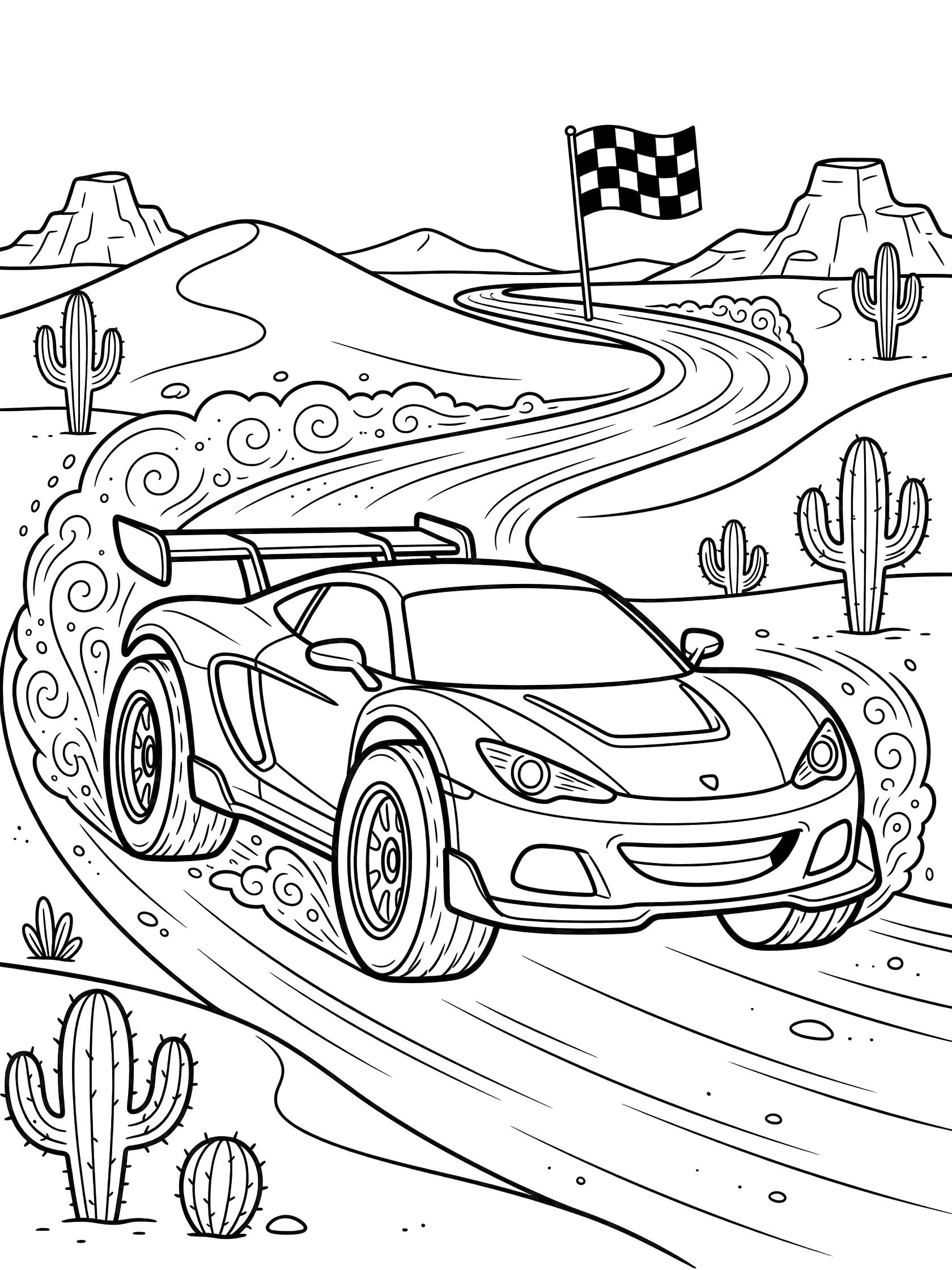 Black and white line art of a supercar racing through a sunny desert rally, kicking up sand, with cartoon cacti, hills, and waving checkered flag.