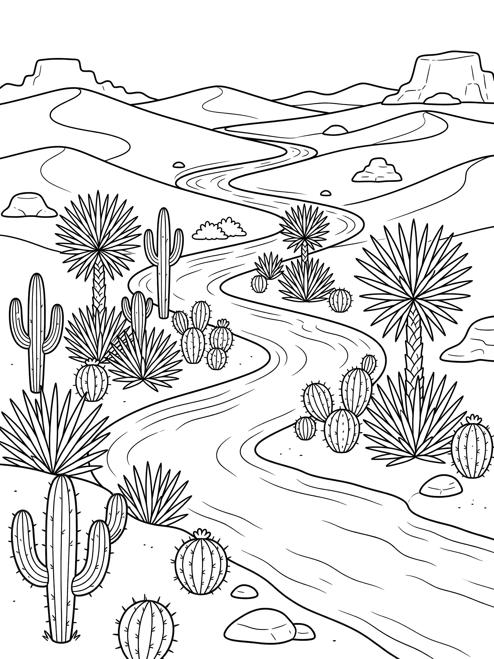 Black and white line art coloring page showing a curving river in a desert landscape with spiky cacti, fan-shaped yucca plants, sandy hills, and distant mountains. Rio Grande themed black and white printable line art