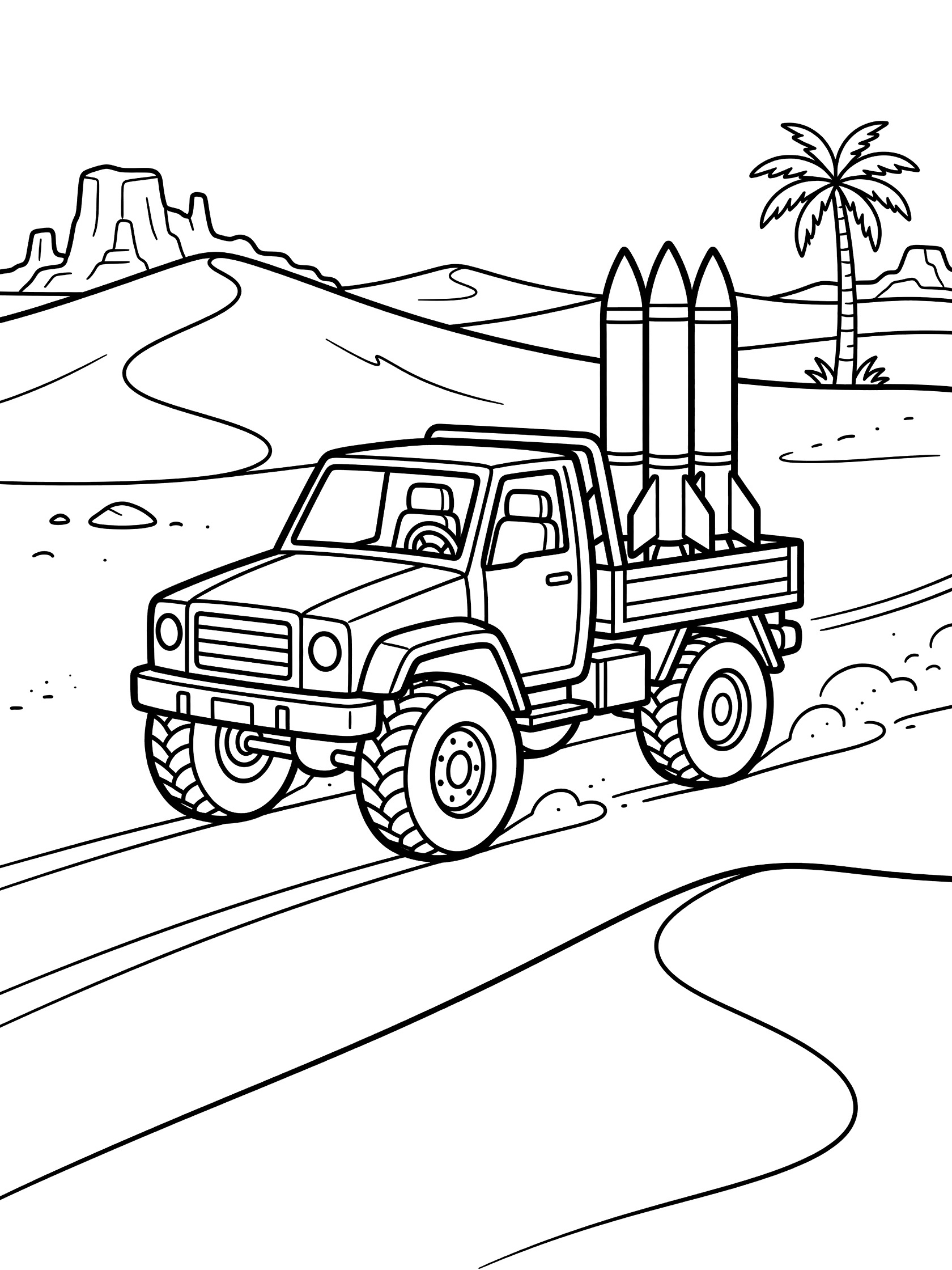 Black and white coloring page of a rocket launcher truck with tall rockets on the back driving over sand dunes in a desert with palm tree and rocks.