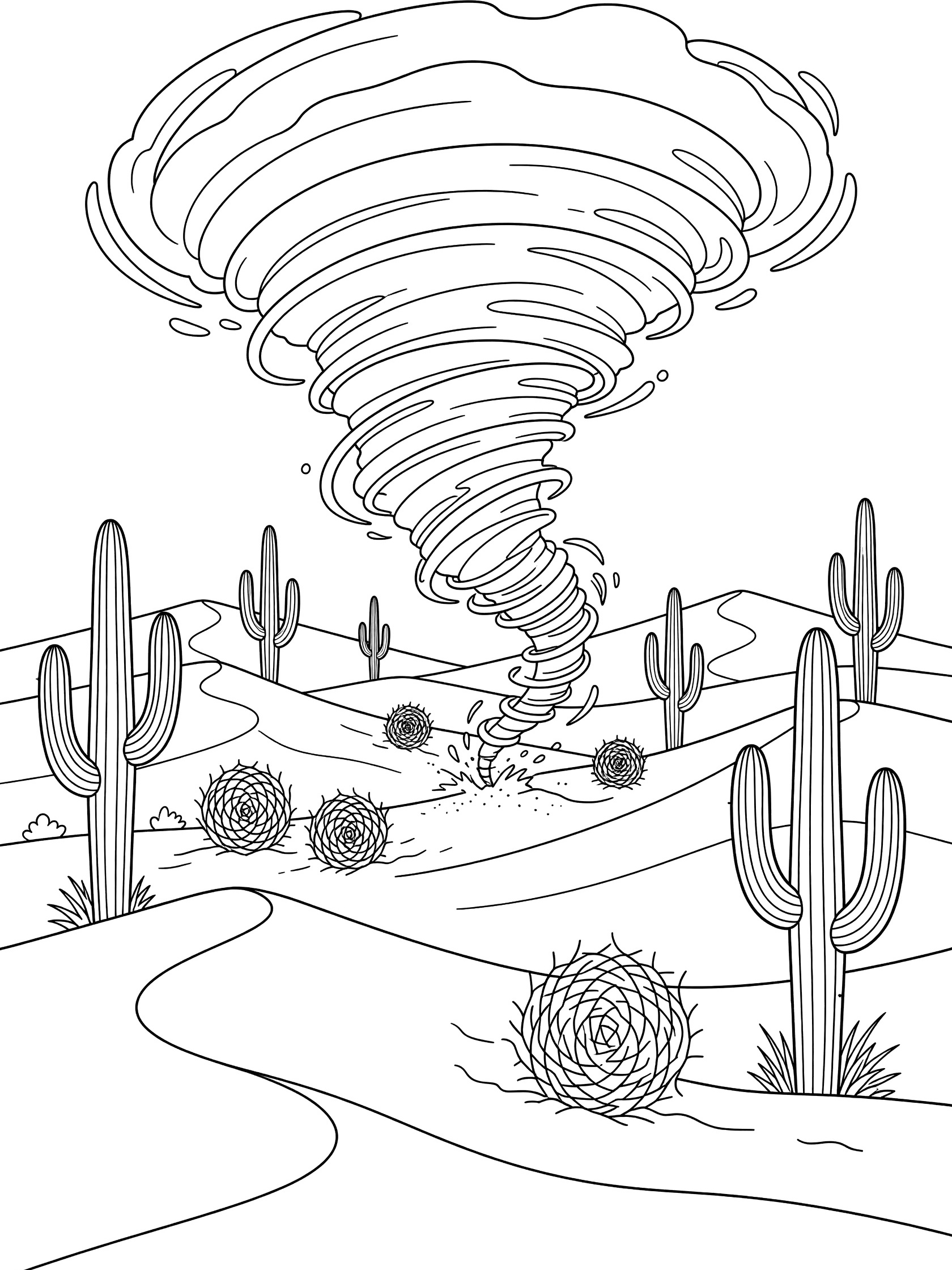 Black and white line art of a large swirling tornado over desert dunes with tall spiky cacti and round tumbleweeds blowing in the wind.