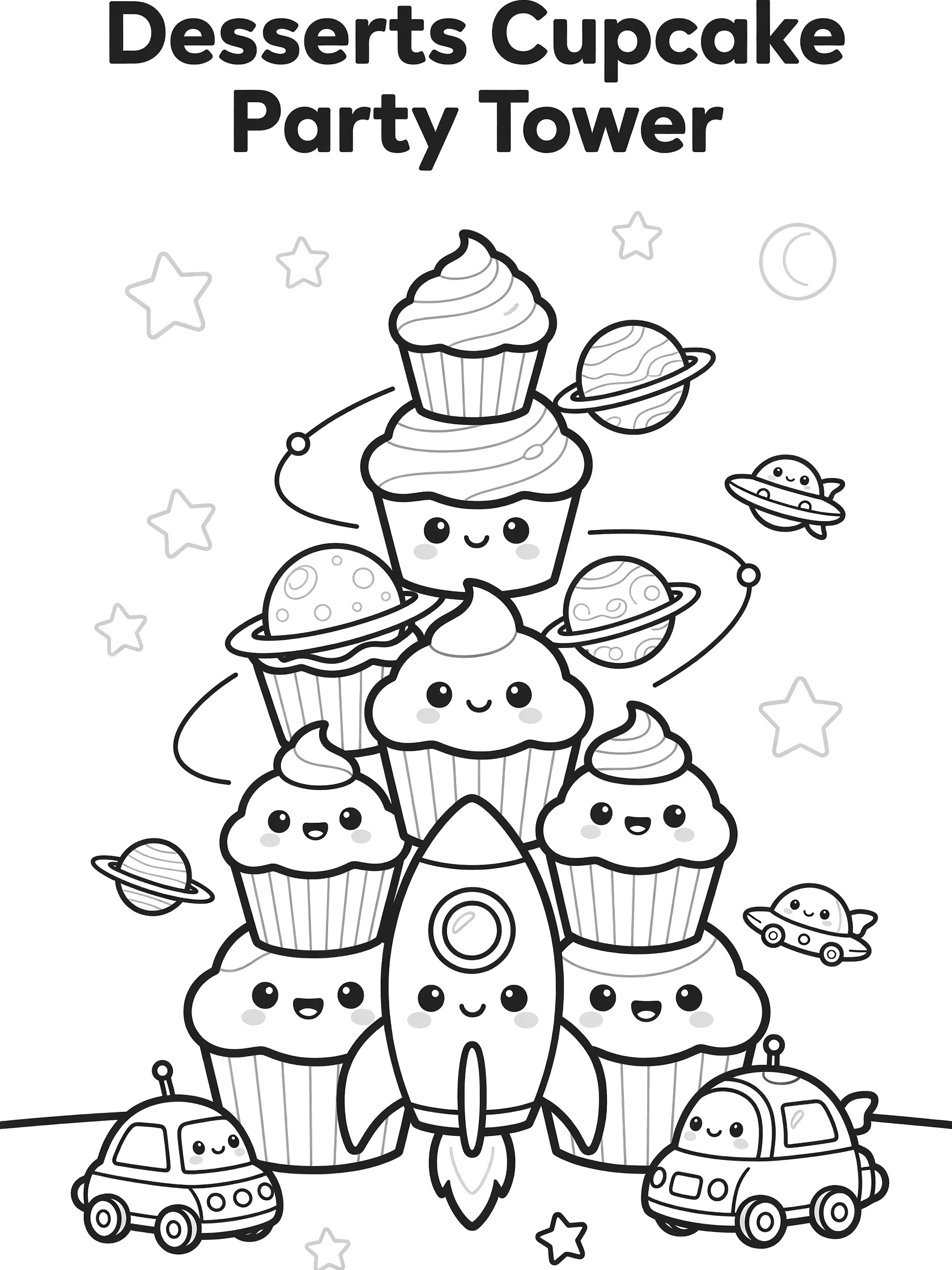 Black and white line art of a tall tower made of cute cupcakes with happy faces, surrounded by space rockets, planets, stars, UFOs and little cars at the bottom.