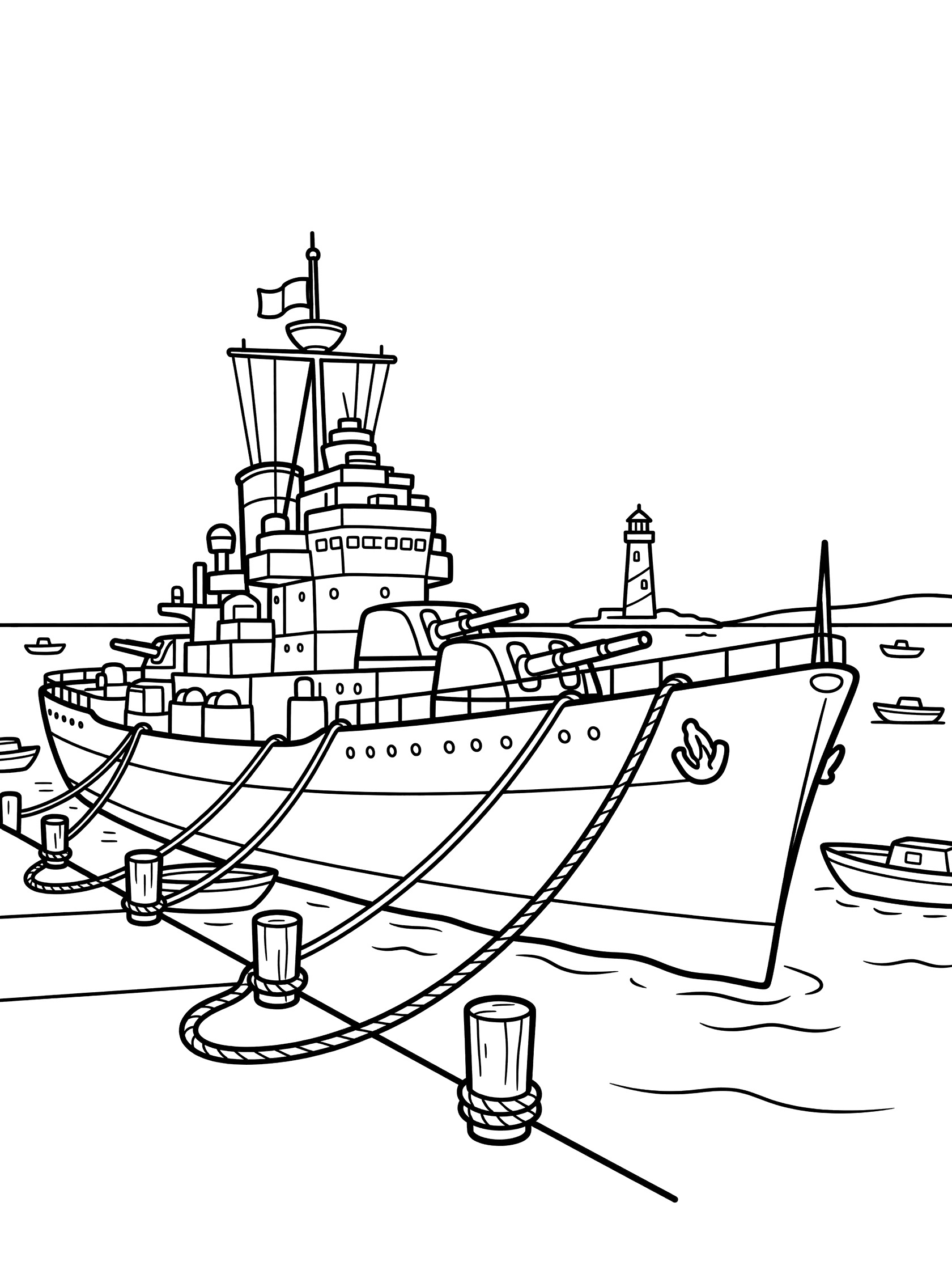 Black and white line art of a destroyer ship tied to a harbor dock with thick ropes, wooden posts, calm water, distant lighthouse, and bobbing boats.