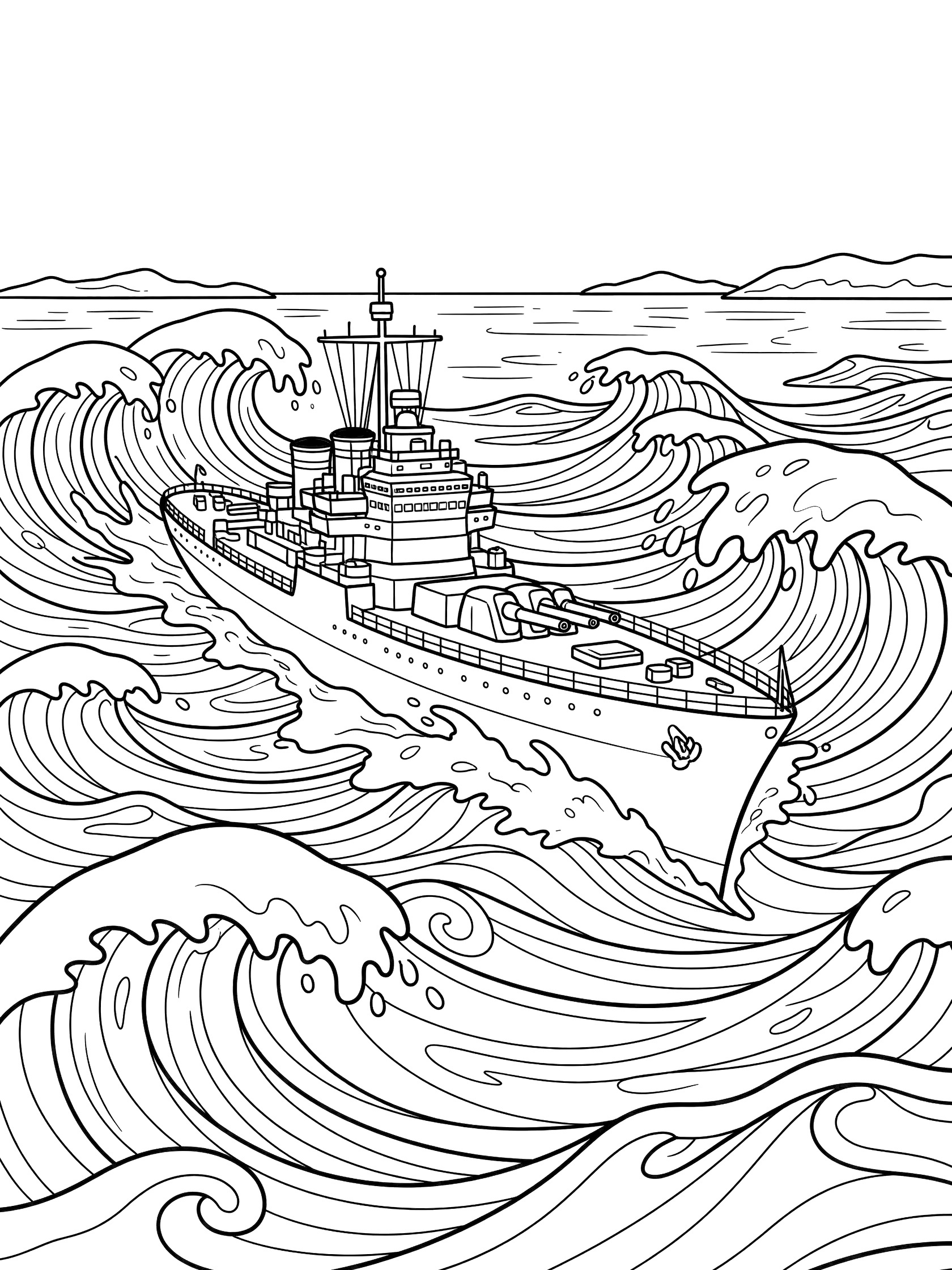 Black and white line art coloring page of a destroyer ship cutting through massive wavy ocean waves with foam splashes and distant islands.