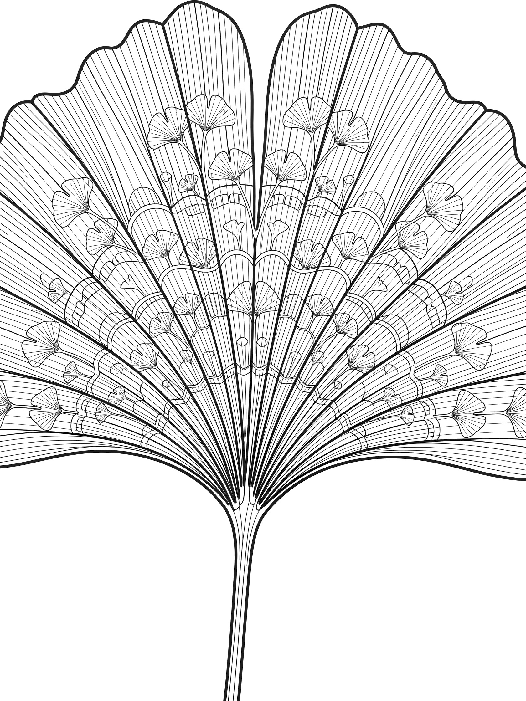 Black and white line art of a detailed ginkgo leaf close-up with symmetric vein patterns and small leaf motifs like a mandala.