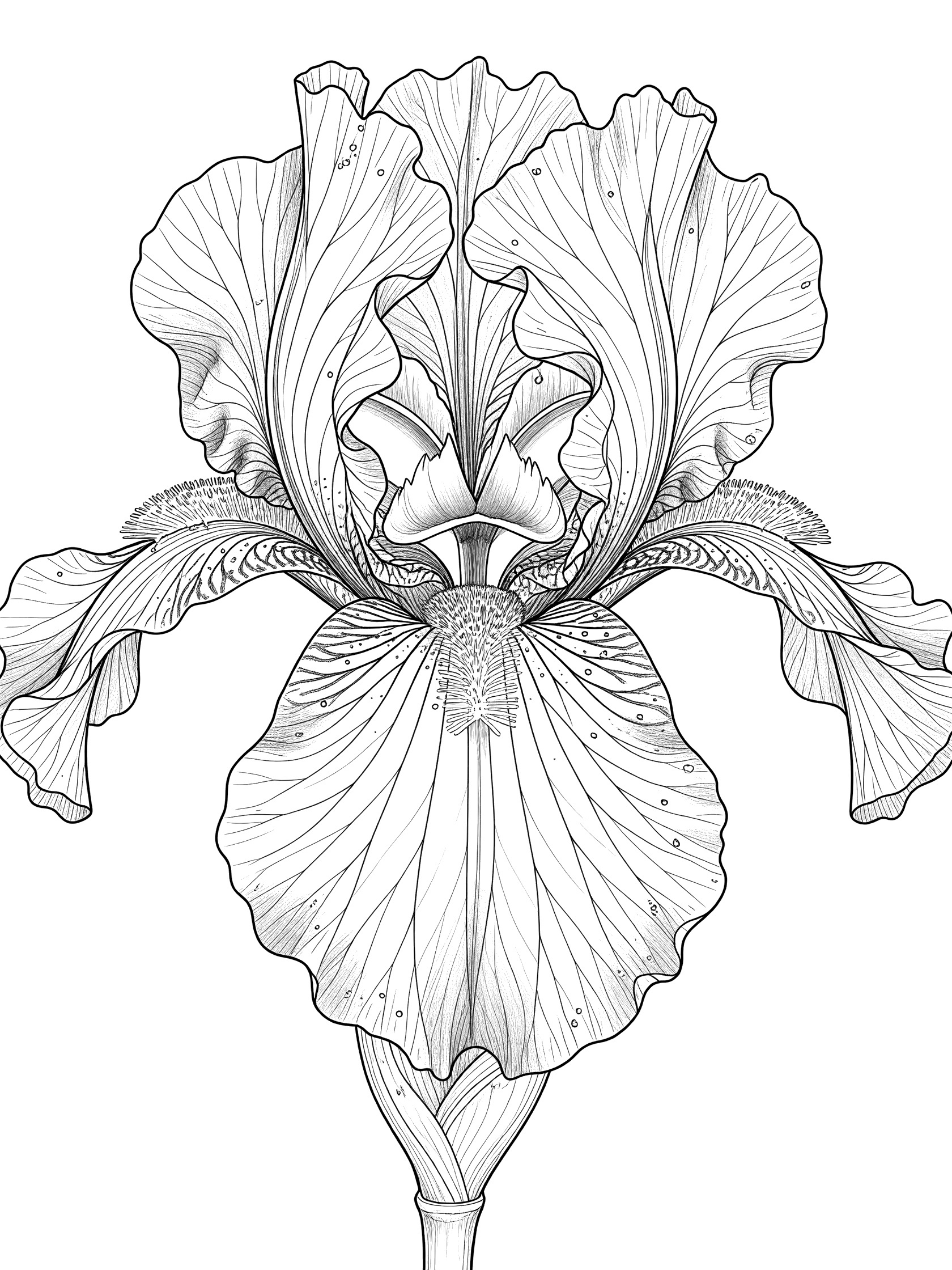 Black and white line art coloring page of an iris flower close-up showing detailed unfurling petals and central bloom.