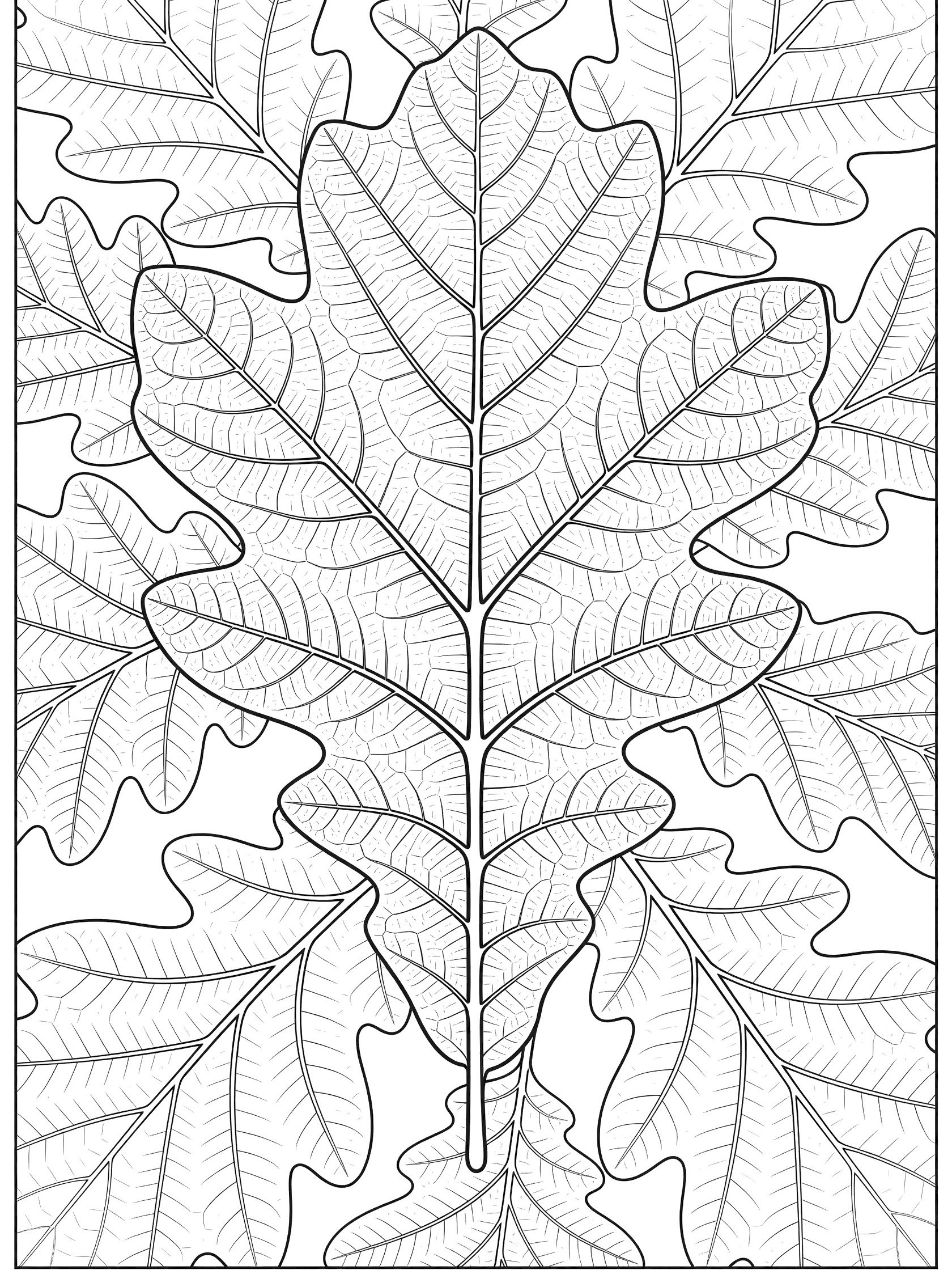 Black and white coloring page showing a central oak leaf with highly detailed veins and smaller oak leaves around it in a symmetrical pattern.