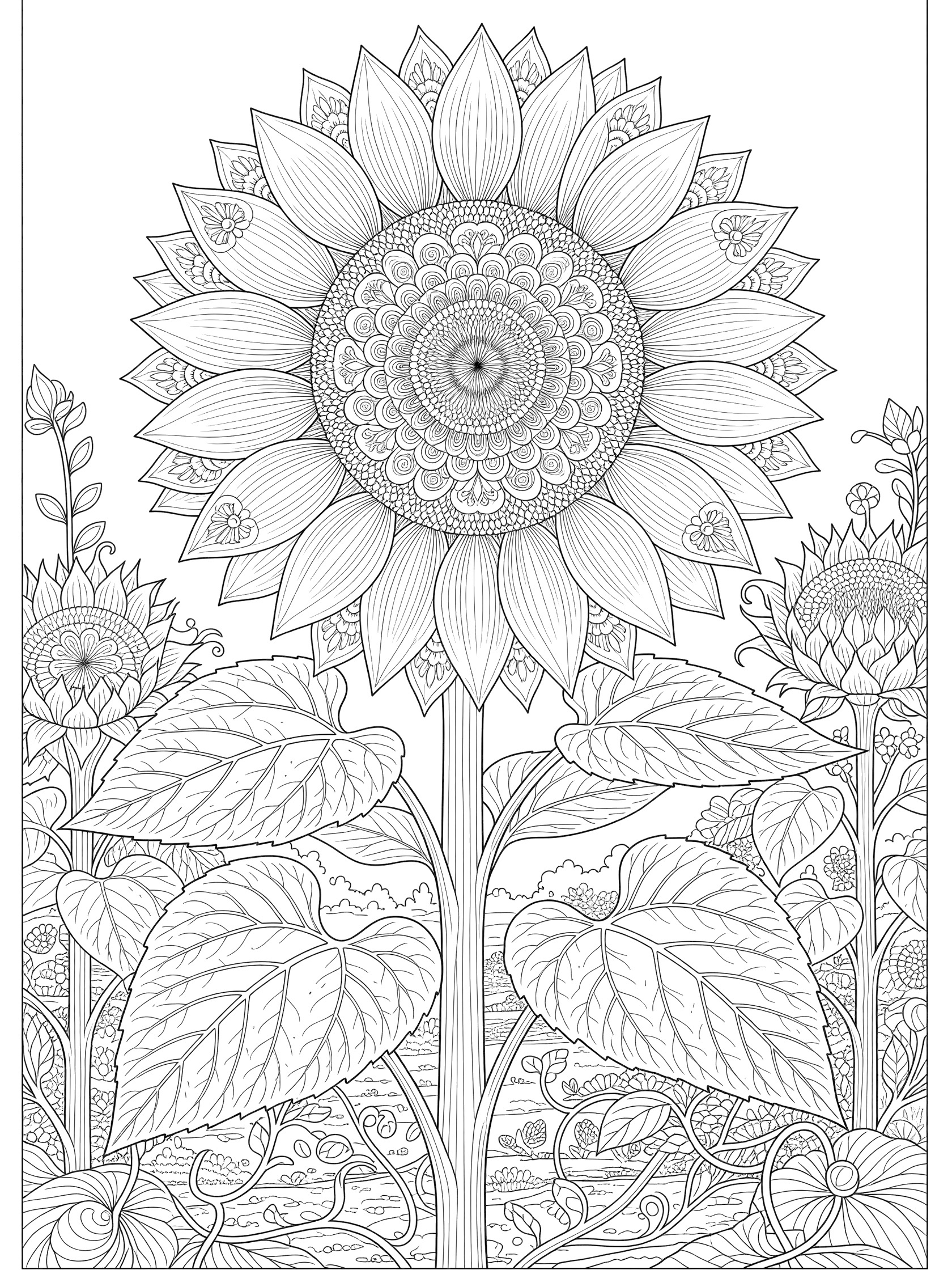 Black and white line art coloring page of a large central sunflower with geometric mandala details on petals and seed head, surrounded by leaves, stems, and vines.