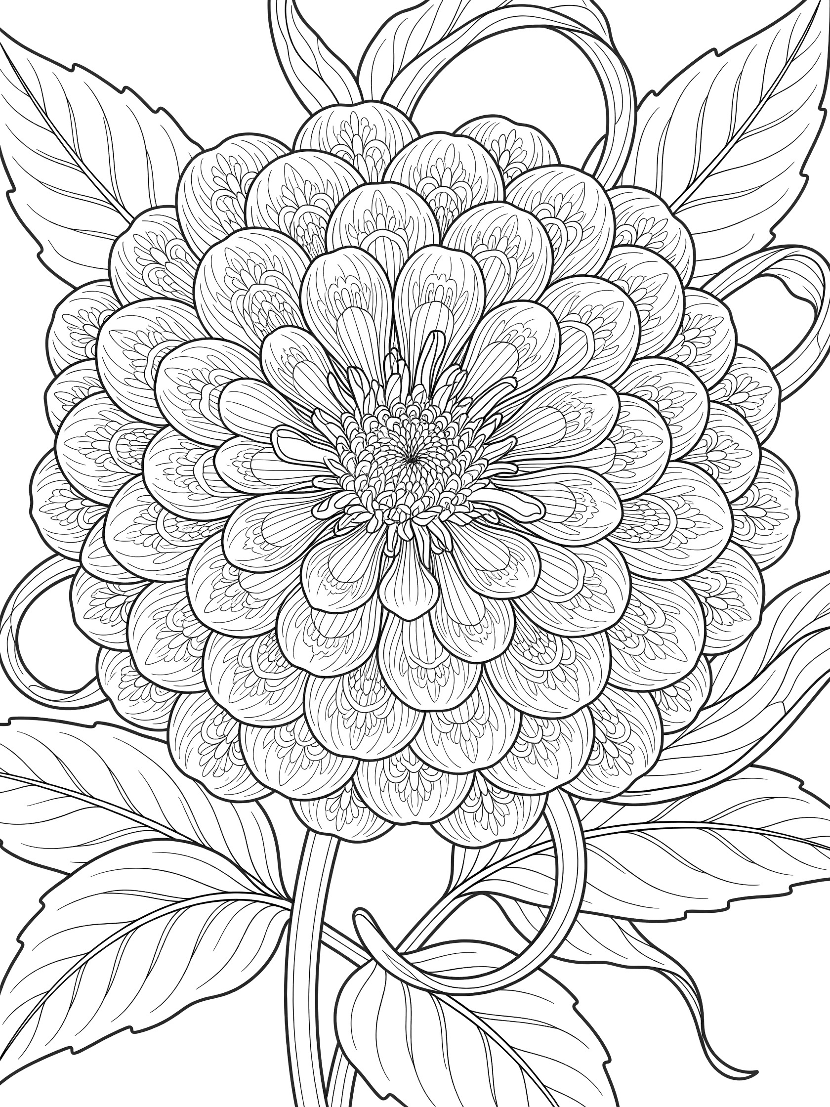 Highly detailed line art coloring page of a Zinnia flower with layered petals, central disc, curling stems and serrated leaves