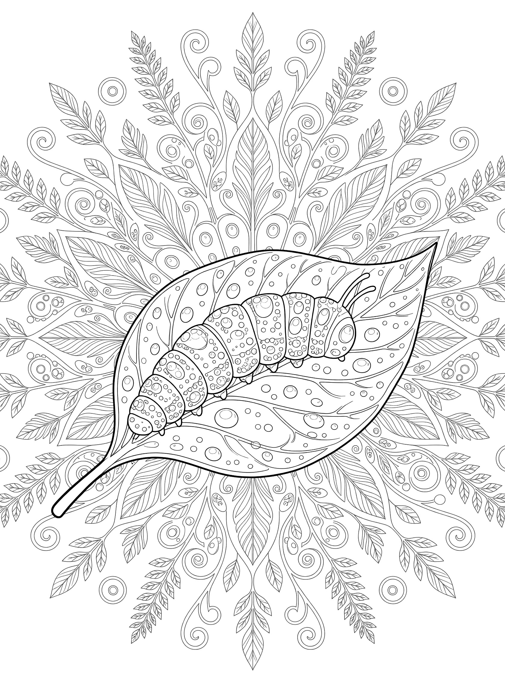 Detailed line art coloring page showing a segmented dewdrop caterpillar crawling on a curved leaf edge, surrounded by mandala-style fern fronds, tendrils, and dewdrops.