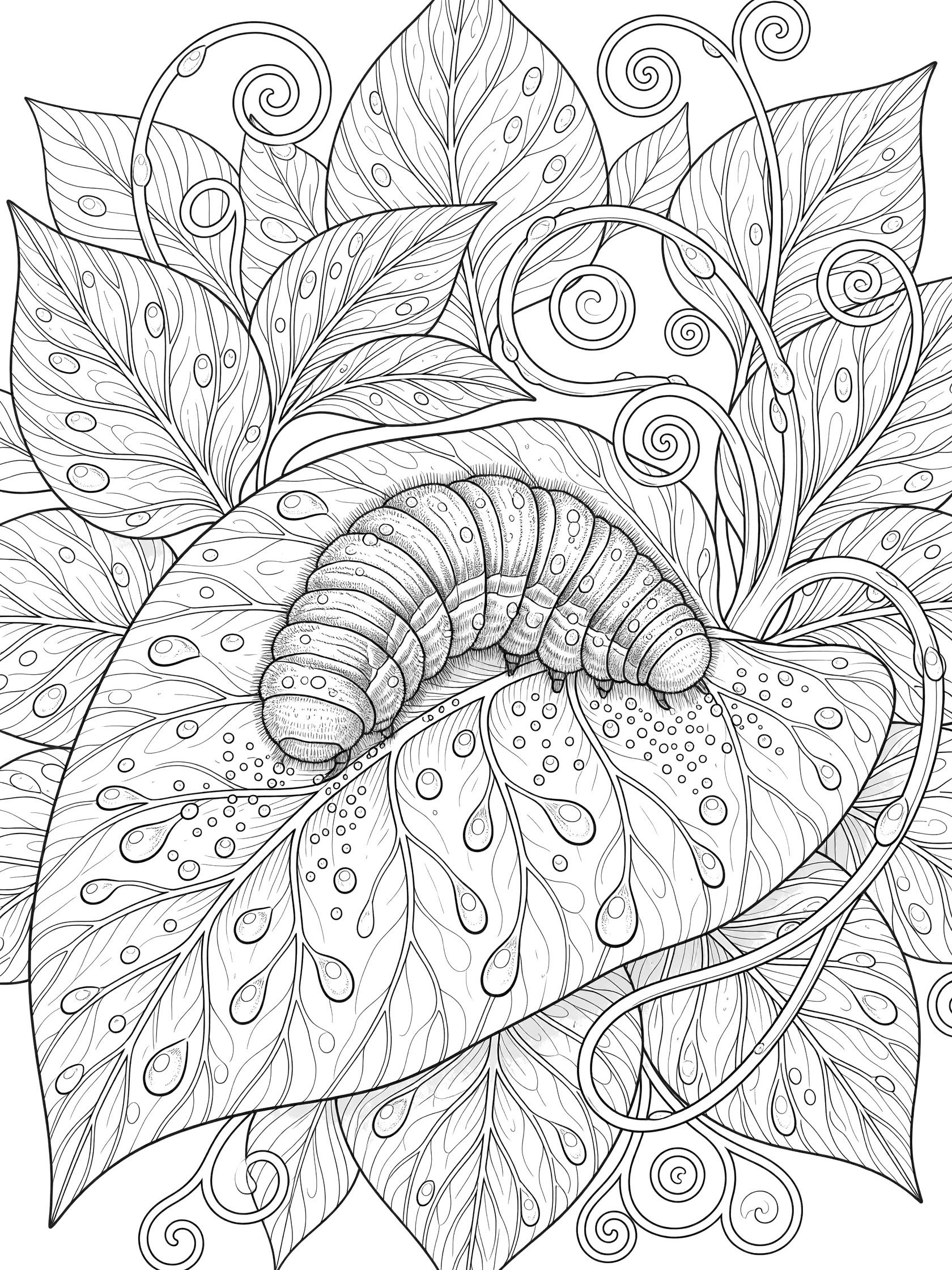 Detailed line art coloring page showing a segmented caterpillar on a large leaf covered in dew drops, surrounded by patterned foliage.