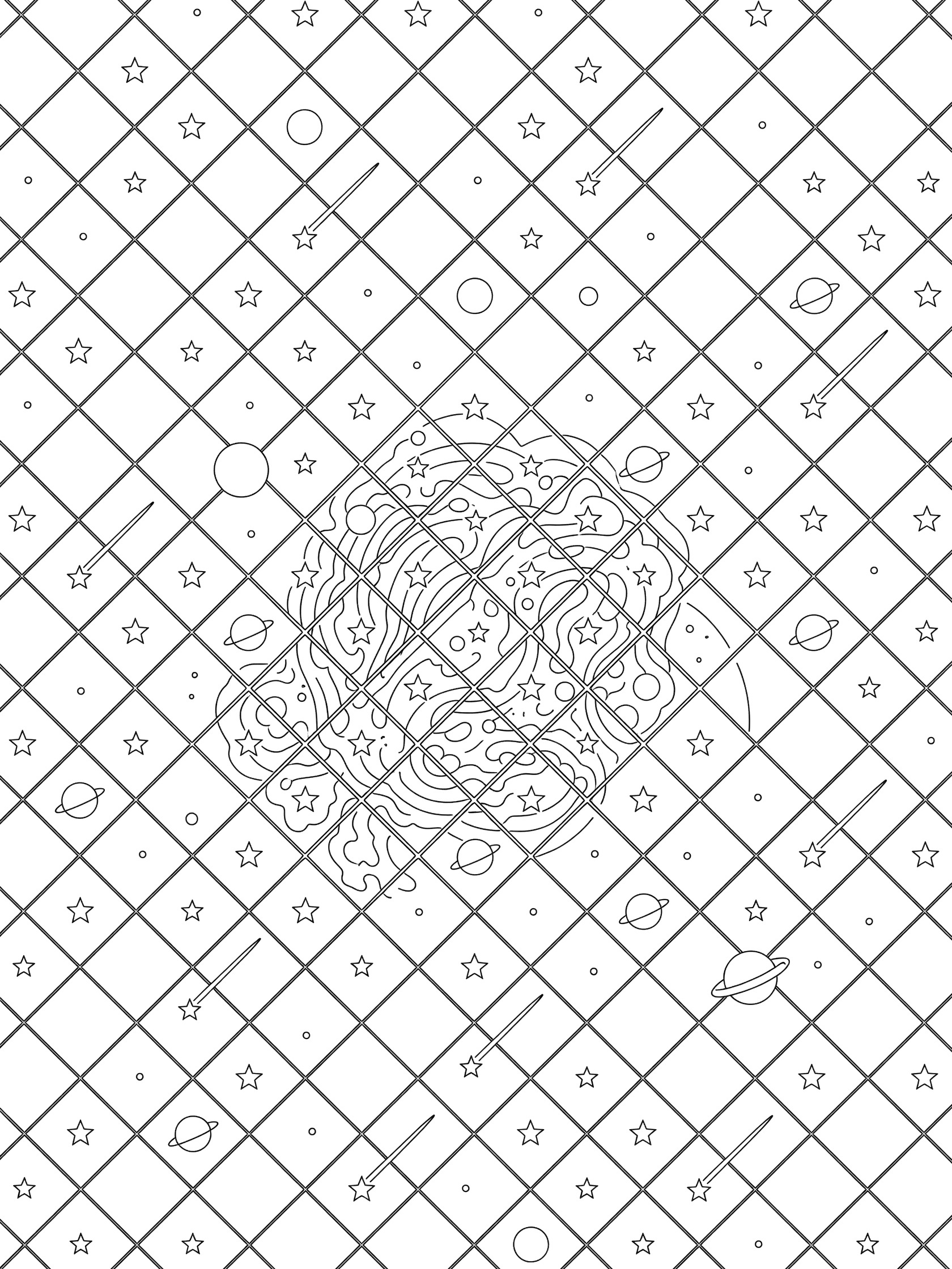 Black and white line art coloring page of diagonal squares forming a vast space scene with central nebula, planets, stars, and geometric patterns.