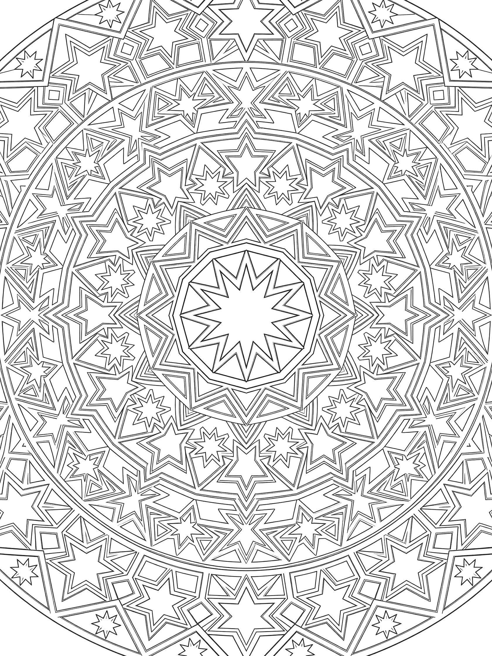 Intricate line art coloring page featuring diamond-framed stars arranged in a round mandala with geometric patterns and nested star motifs.