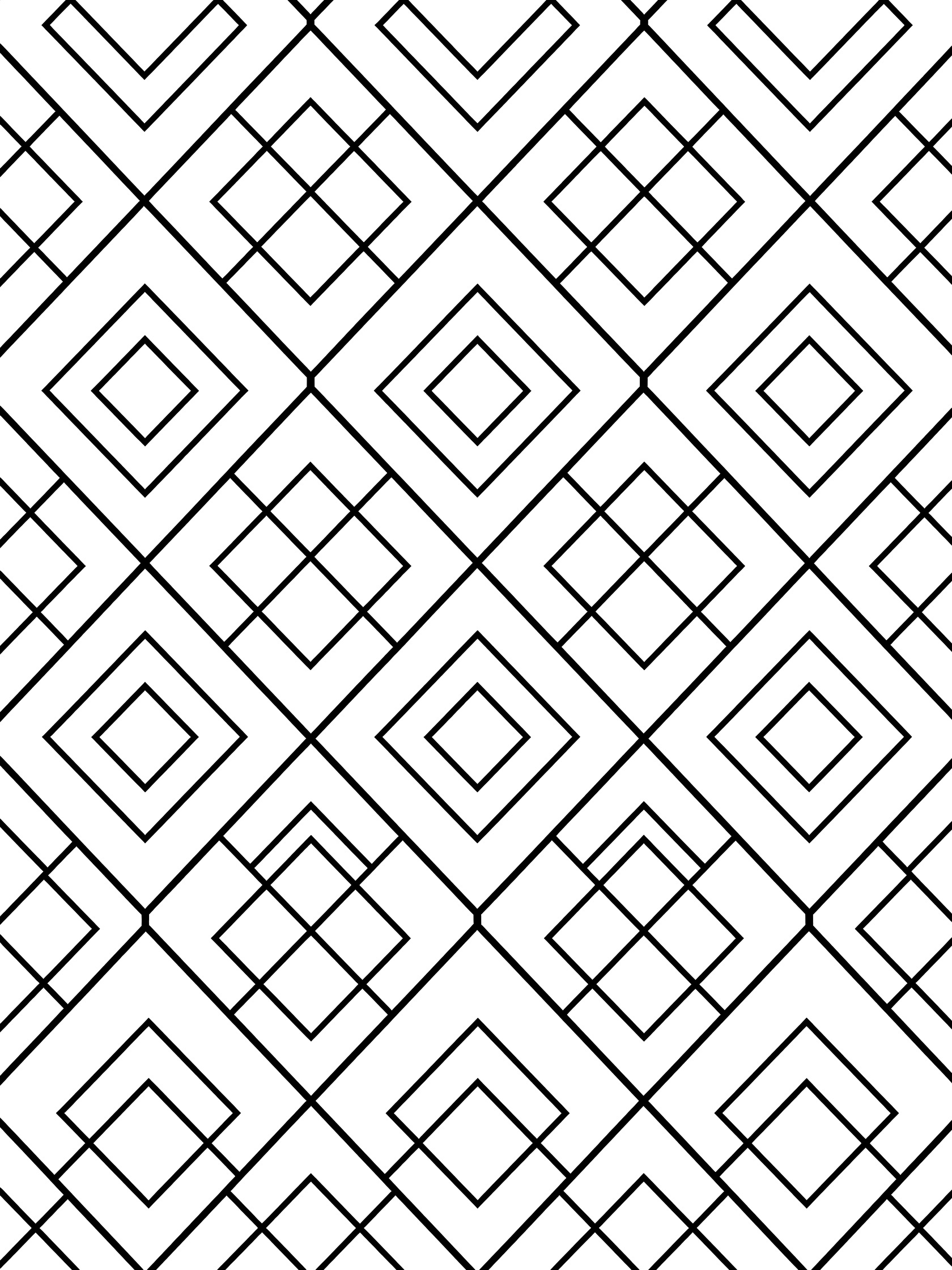 Black and white line art coloring page featuring a repeating diamond mosaic tile pattern with clean bold outlines and ample spaces for coloring.