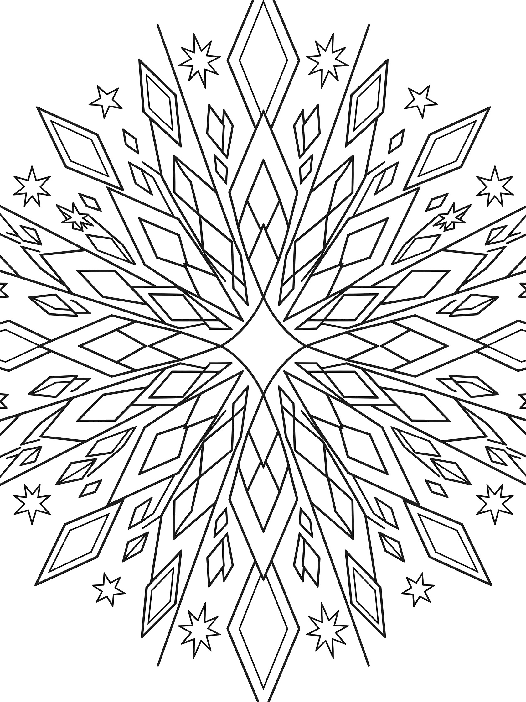 Black and white line art coloring page showing a central diamond with sharp diamond shapes radiating outward in a starburst pattern, plus orbiting diamond shards and star motifs.