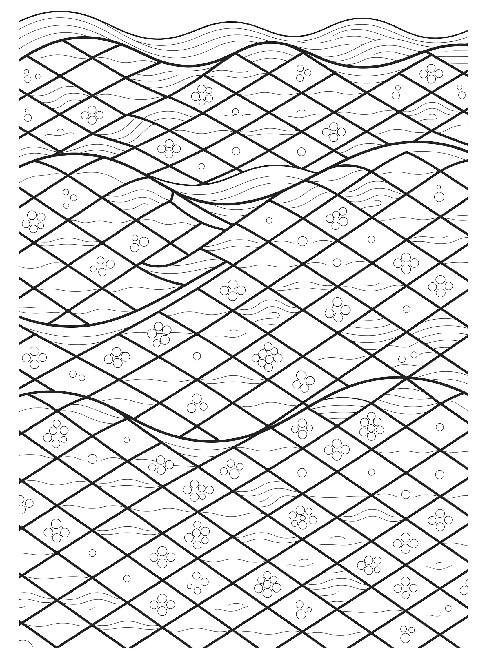 Black and white coloring page of a diamond wave pattern with undulating geometric shapes, bubbles, and wavy lines across the page