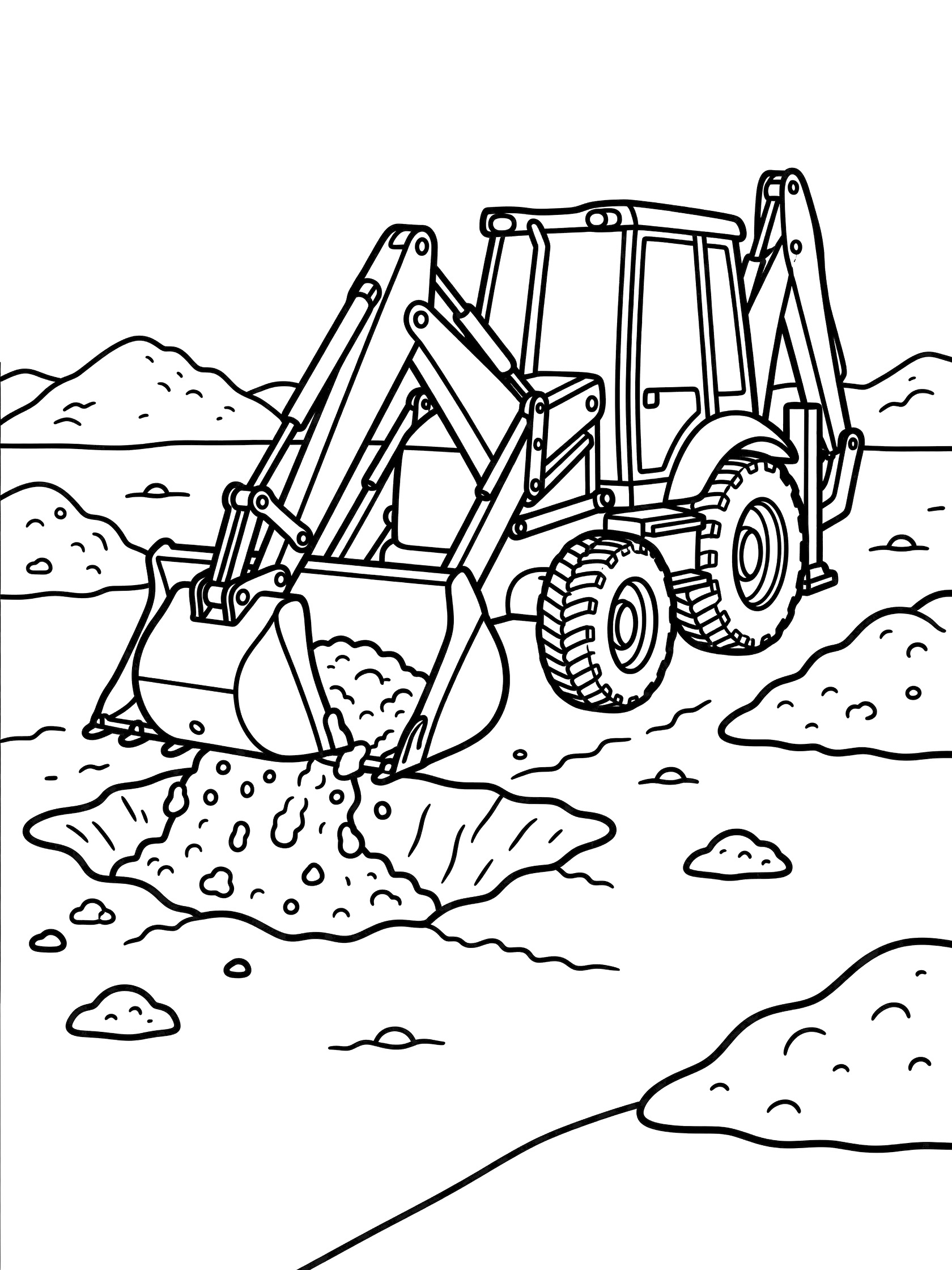 Black and white line art of a backhoe with extendable arm and bucket digging a hole, surrounded by dirt mounds on textured ground.