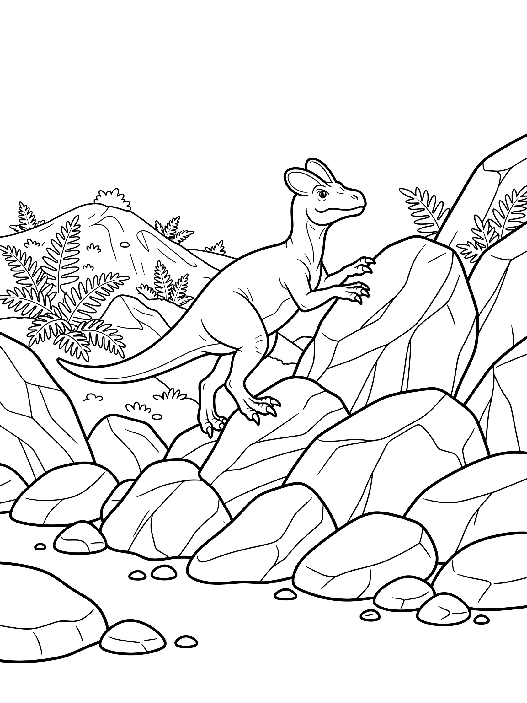 Black-and-white coloring page of a Dilophosaurus dinosaur climbing rocks, gripping boulders with claws, surrounded by pebbles, ferns, and distant hills.