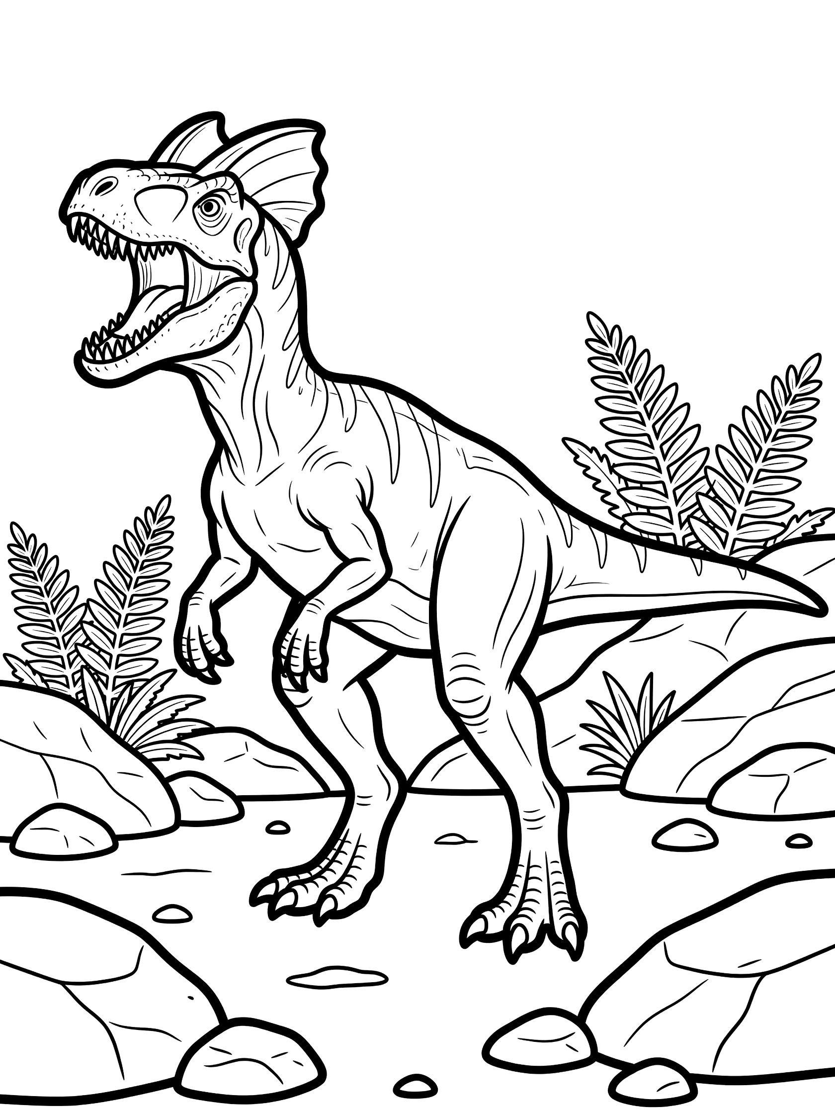 Black and white line art of Dilophosaurus dinosaur with tall neck frill, roaring with open mouth showing teeth, standing on ground with rocks and ferns.