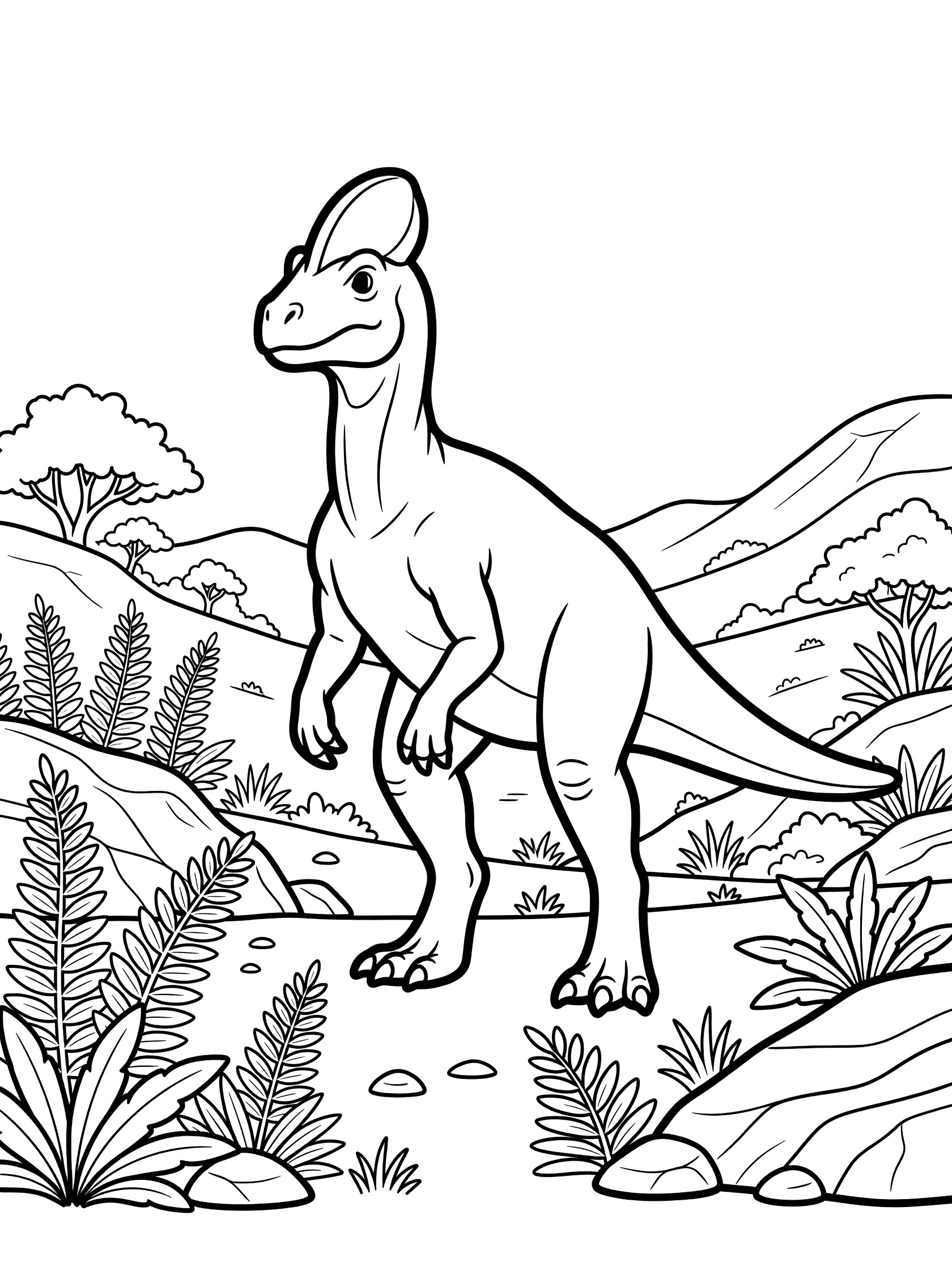 Black and white line art coloring page showing a Dilophosaurus dinosaur with two crests on its head, standing on two legs amid ferns, trees, rocks and mountains. Monolophosaurus themed black and white printable line art