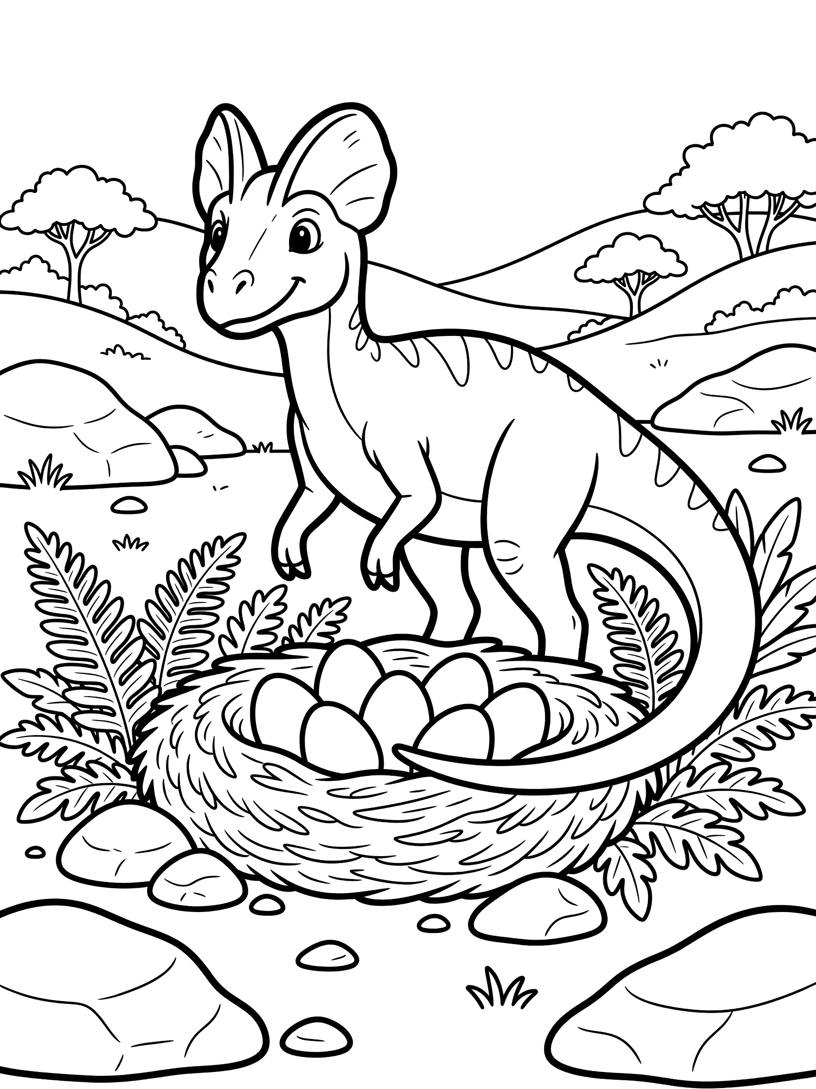 Black and white line art of a Dilophosaurus with head crests guarding a nest full of large eggs, surrounded by ferns and rocks in a simple forest scene.