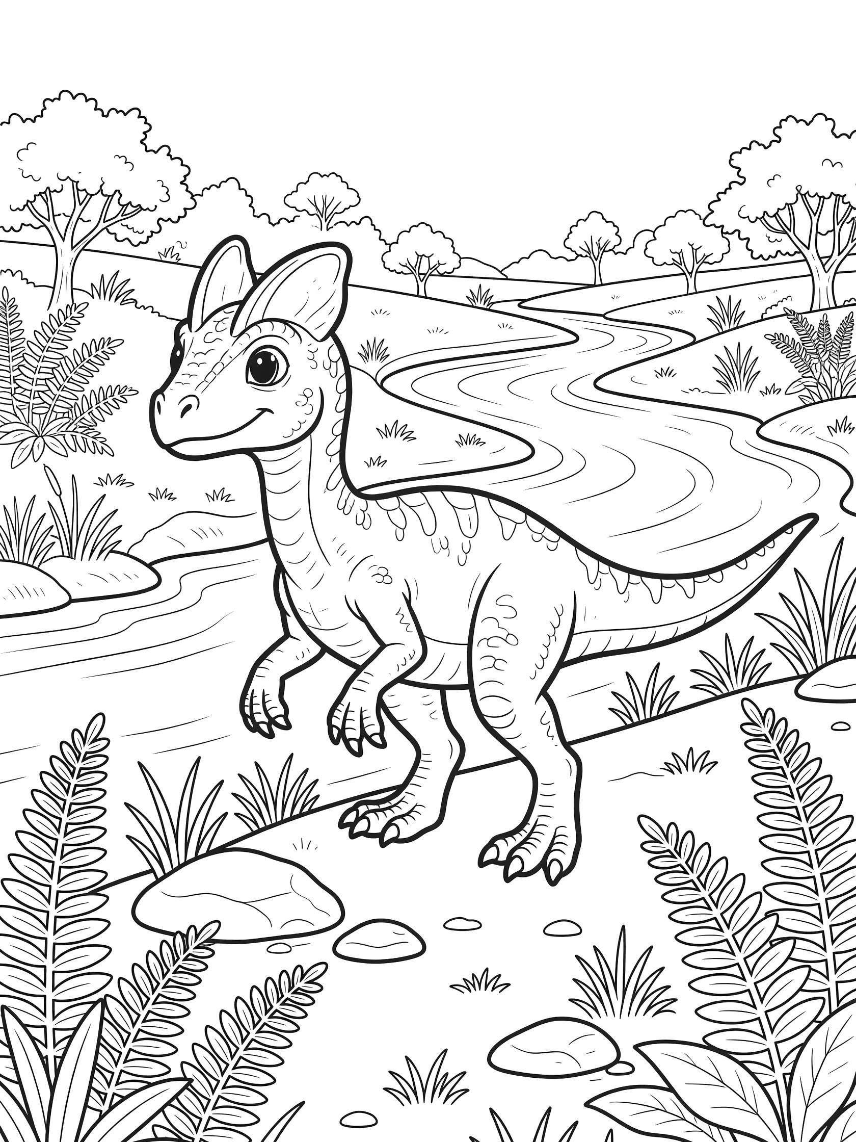 Black and white coloring page of a cartoon Dilophosaurus with big eyes and head crests walking by a winding river with ferns and rocks