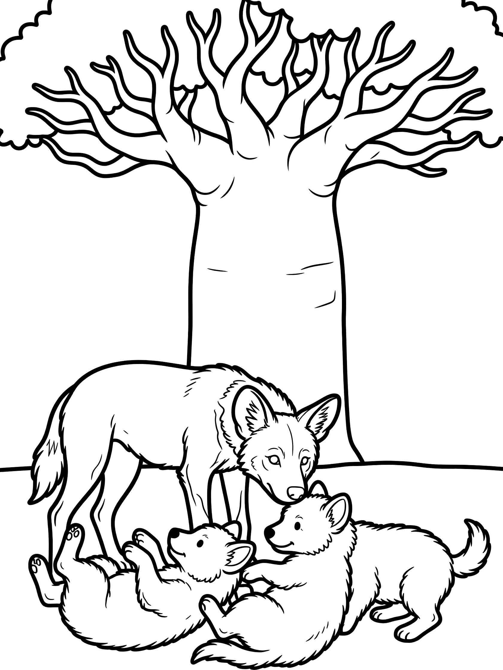Black and white line art coloring page showing a mother dingo wild dog with her three pups wrestling on the ground next to a large baobab tree.
