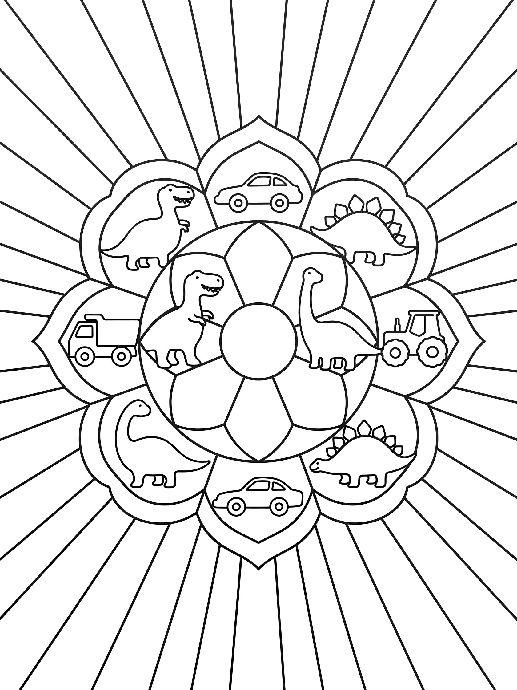 Floral sunburst mandala coloring page with T-Rex, Stegosaurus, Brachiosaurus dinosaurs and cars, trucks, tractors in a simple geometric sunburst pattern.