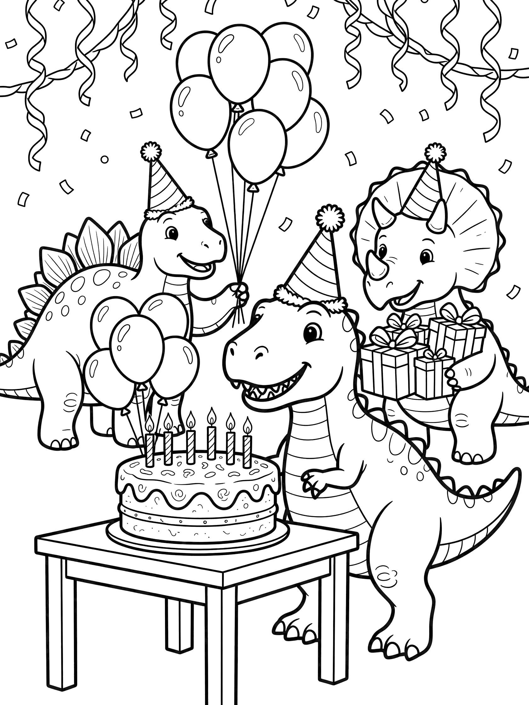 Cute dinosaurs wearing party hats at a birthday party coloring page with T-Rex blowing out cake candles, balloons, gifts, and streamers