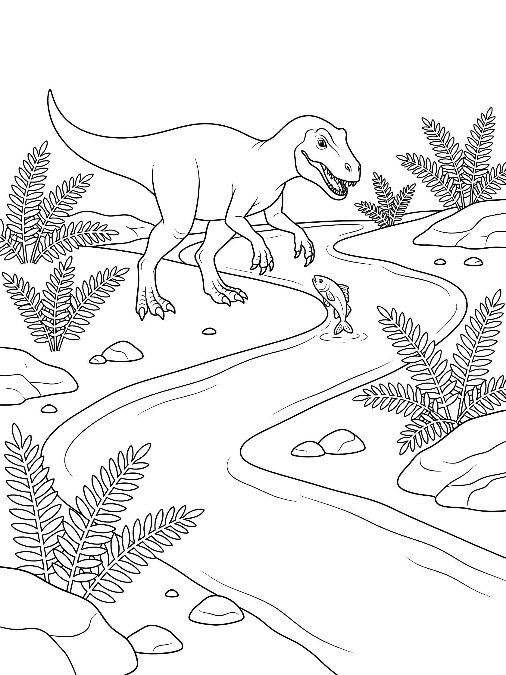 Black and white line art coloring page showing a dinosaur with long claws dipping into a winding river to catch a jumping fish, with ferns and rocks along the bank. Baryonyx themed black and white printable line art