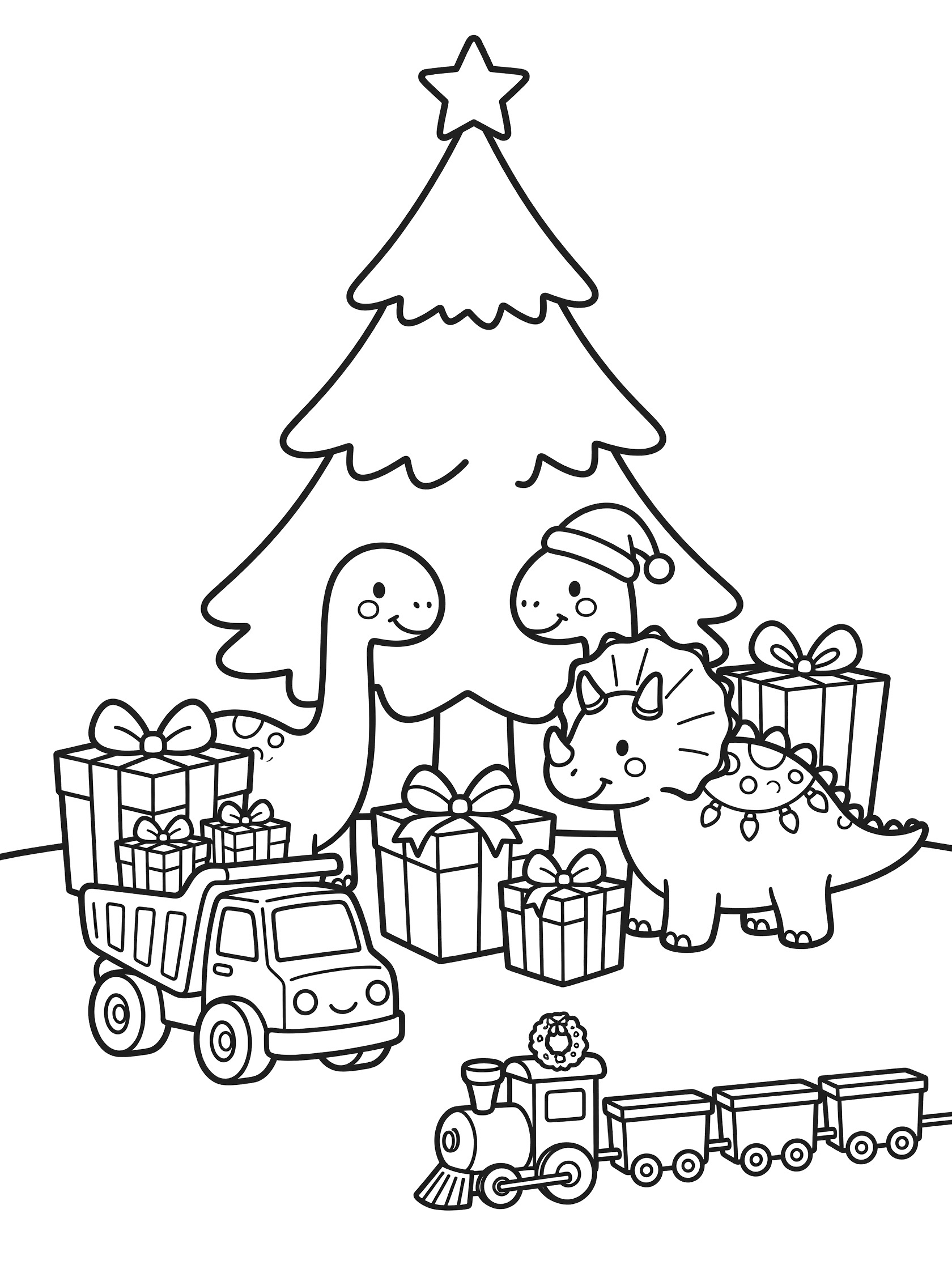 Black and white line art coloring page showing a tall Christmas tree with star top, two smiling dinosaurs in Santa hats, stacked presents, a dump truck full of gifts, and a toy train.