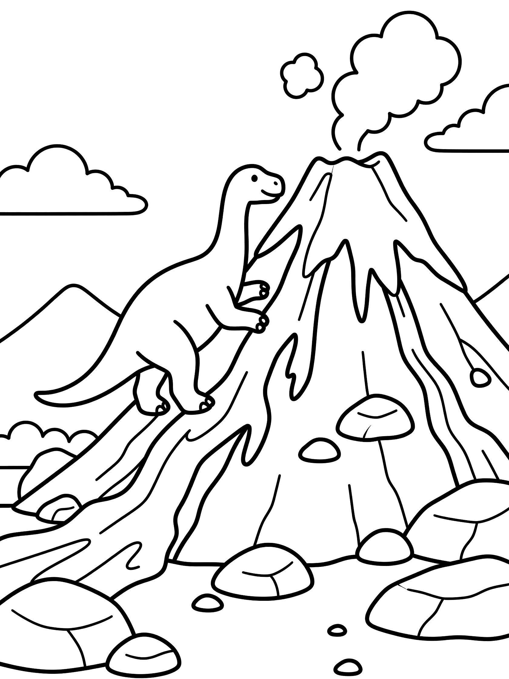 Black and white line art coloring page showing a sturdy dinosaur climbing a stylized blocky volcano with lava flows, peaks, rocks, and steam puffs. Godzilla themed black and white printable line art