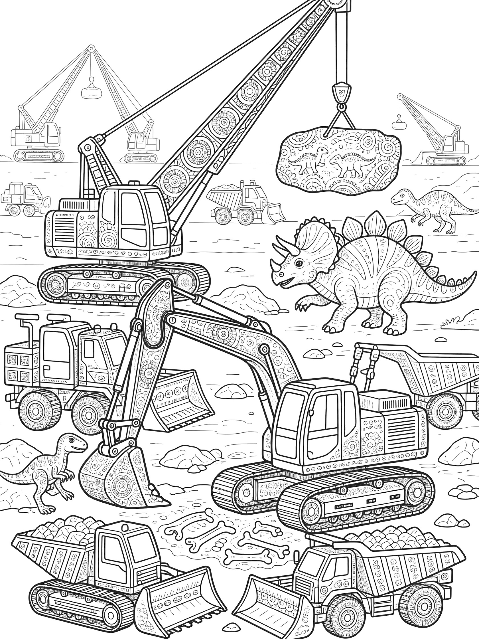 Detailed dinosaur construction site coloring page featuring excavator and crane at a busy worksite, with trucks and fantasy elements in mandala-lite style.