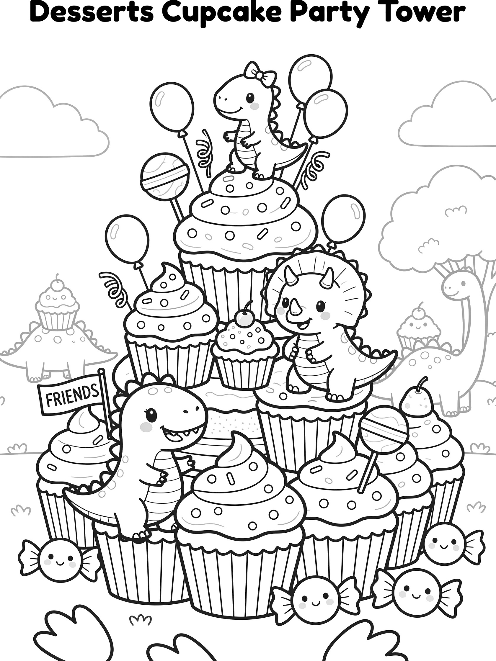 Kawaii style coloring page showing a stack of cupcakes with happy T-rex, triceratops, and long-neck dinosaurs holding balloons and a friends sign.