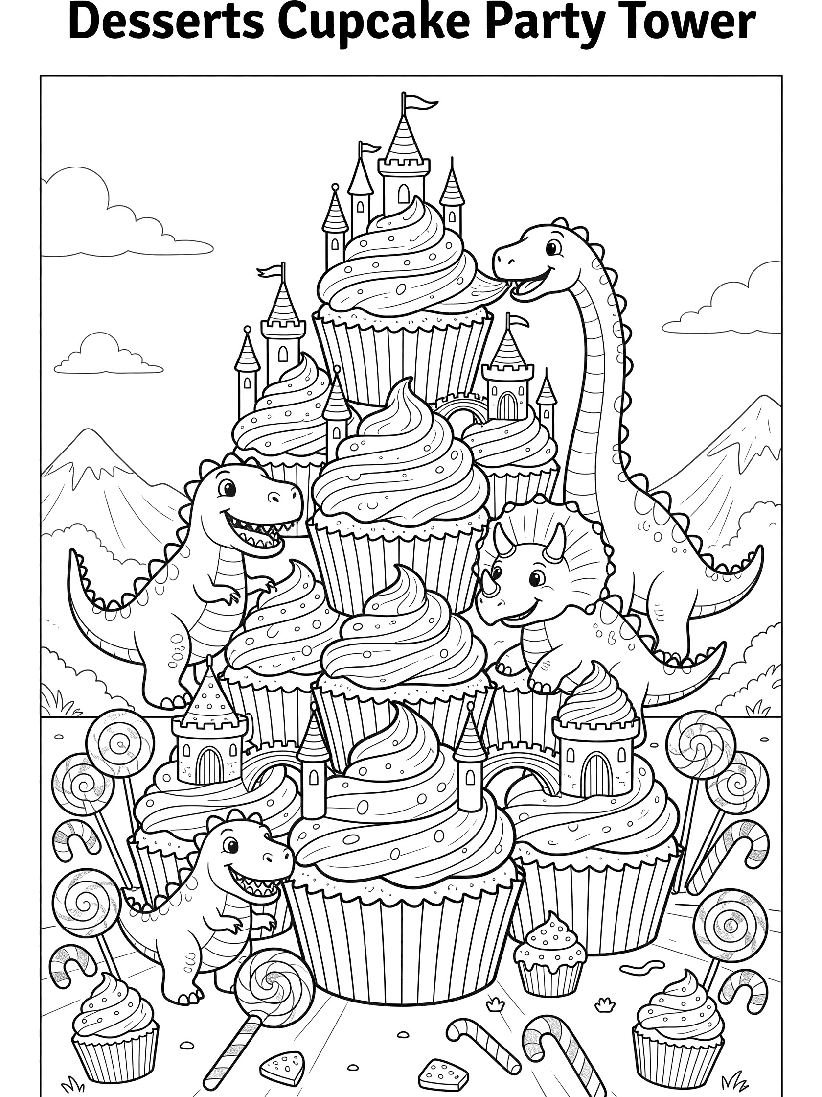 Printable coloring page showing a fantasy cupcake tower castle with T-rex dinosaurs, triceratops, baby dinos, candy canes, mountains and clouds